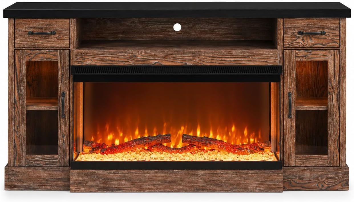 4 EVER WINNER 70" Fireplace TV Stand for TVs Up to 80", Farmhouse Entertainment Center with 3-Sided Glass Electric Fireplace, 2 Drawers, Storage Cabinets & Adjustable Shelves, Brown