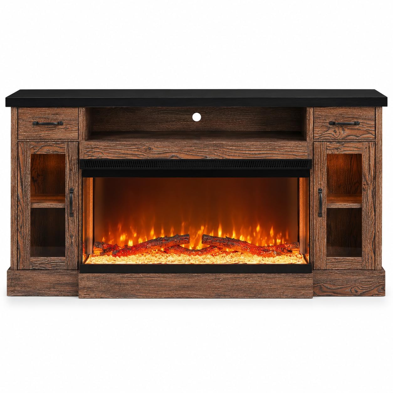 4 EVER WINNER 70" Fireplace TV Stand for TVs Up to 80", Farmhouse Entertainment Center with 3-Sided Glass Electric Fireplace, 2 Drawers, Storage Cabinets & Adjustable Shelves, Brown