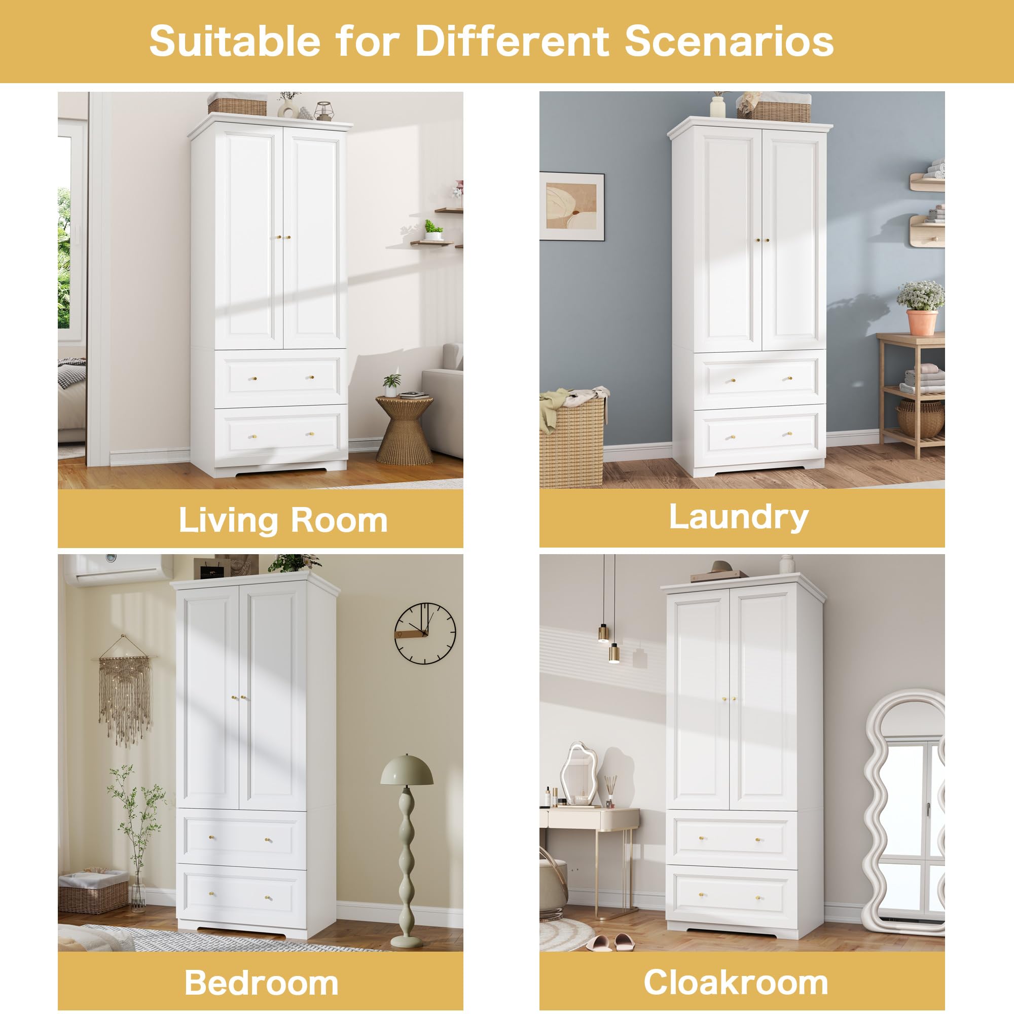 LABROSKIA White Wardrobe with 2 Drawers: 74" Wooden Wardrobe Closet for Hanging Clothes, Tall Armoire Closet with 2 Doors, Bedroom Armoires with Hanging Rod (32")