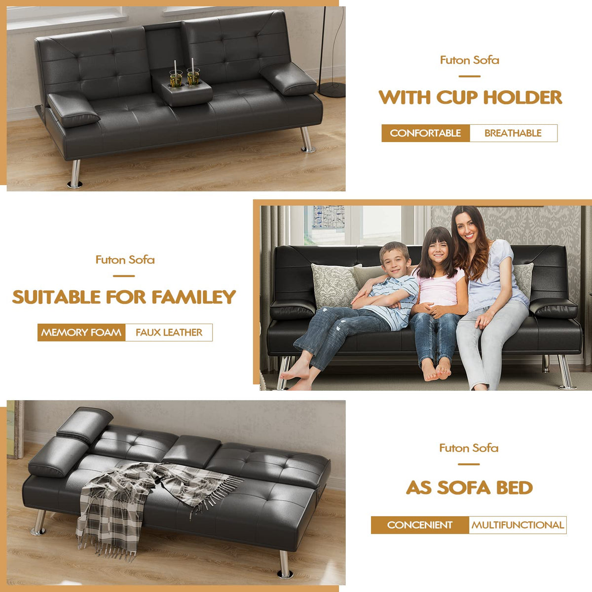 Black Faux Leather Futon Sofa Bed