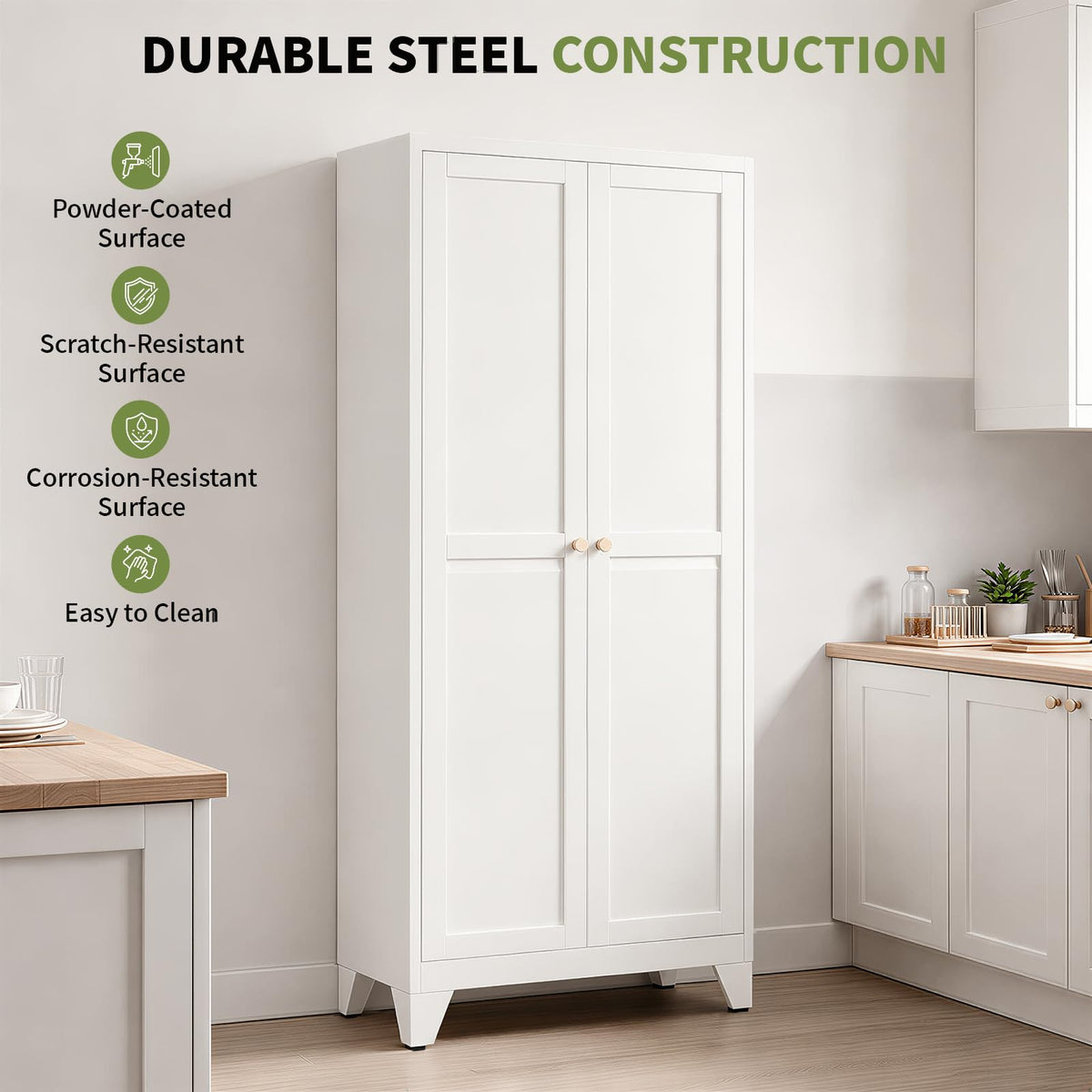 Bayunity 75" White Metal Pantry Cabinet with Doors & 5 Adjustable Shelves