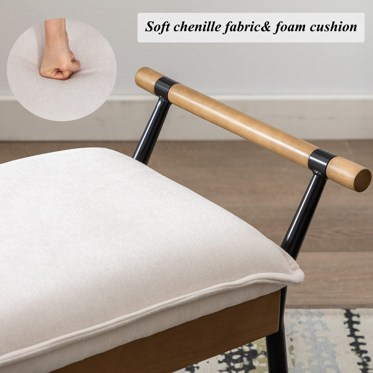 White Chenille Bench with Arms