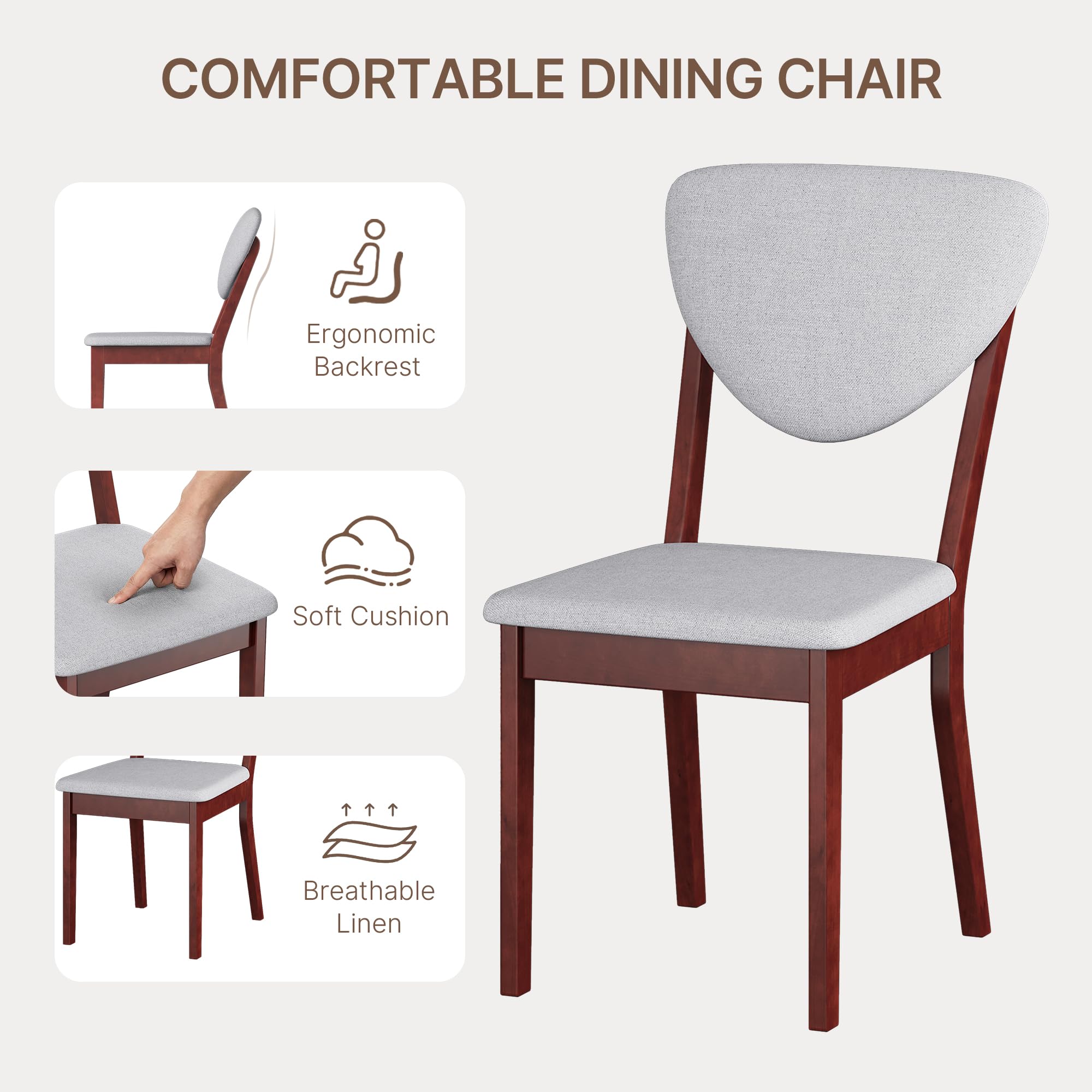 6-Piece Solid Rubberwood Dining Set with Bench & Upholstered Chairs