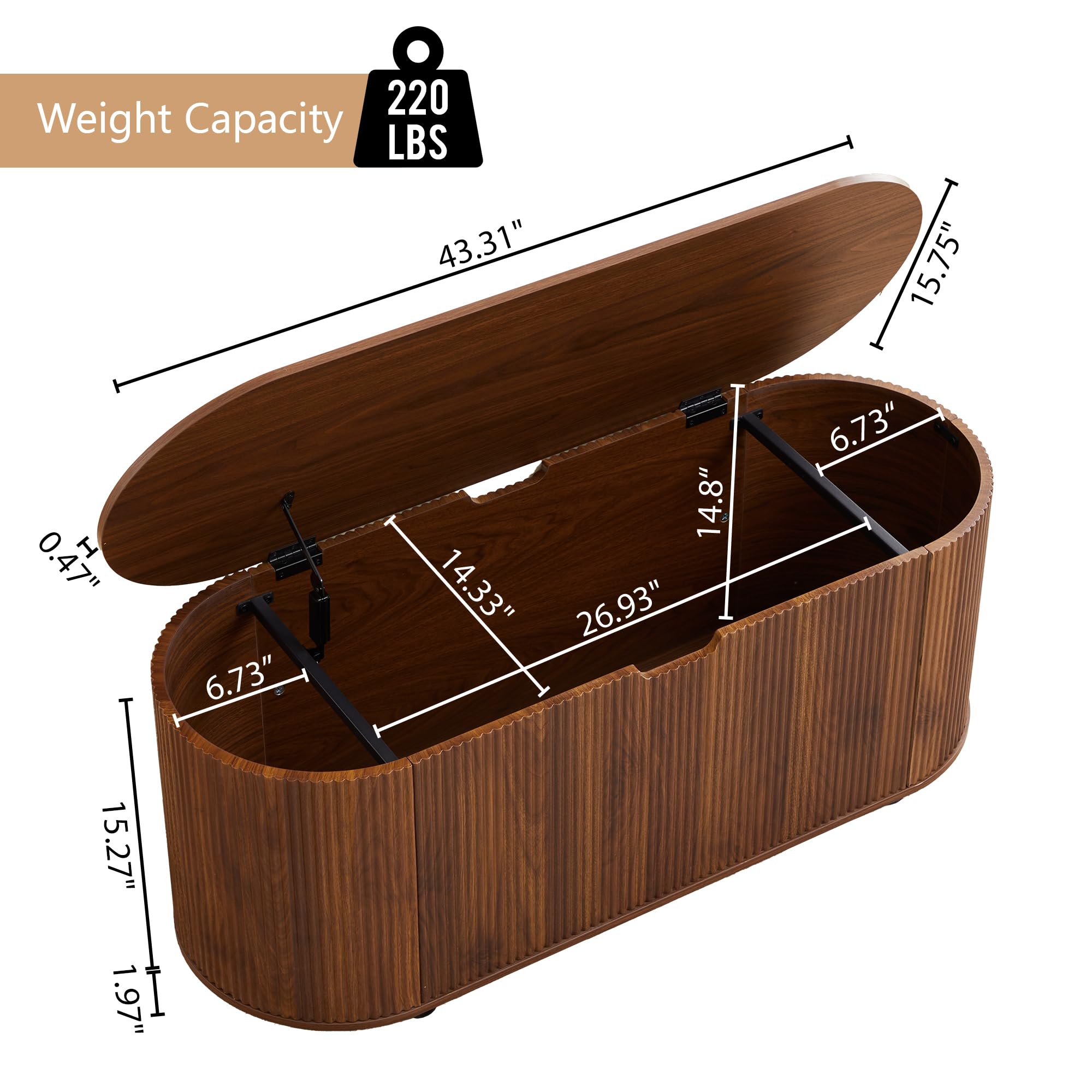 43.3” Storage Bench with 4 Wheels, Fluted Oval Storage Chest with Safety Hinges, Modern Wooden End of Bed Bench, Large Storage Trunk Toy Chest with Lift Top for Entryway Bedroom Living Room, Walnut