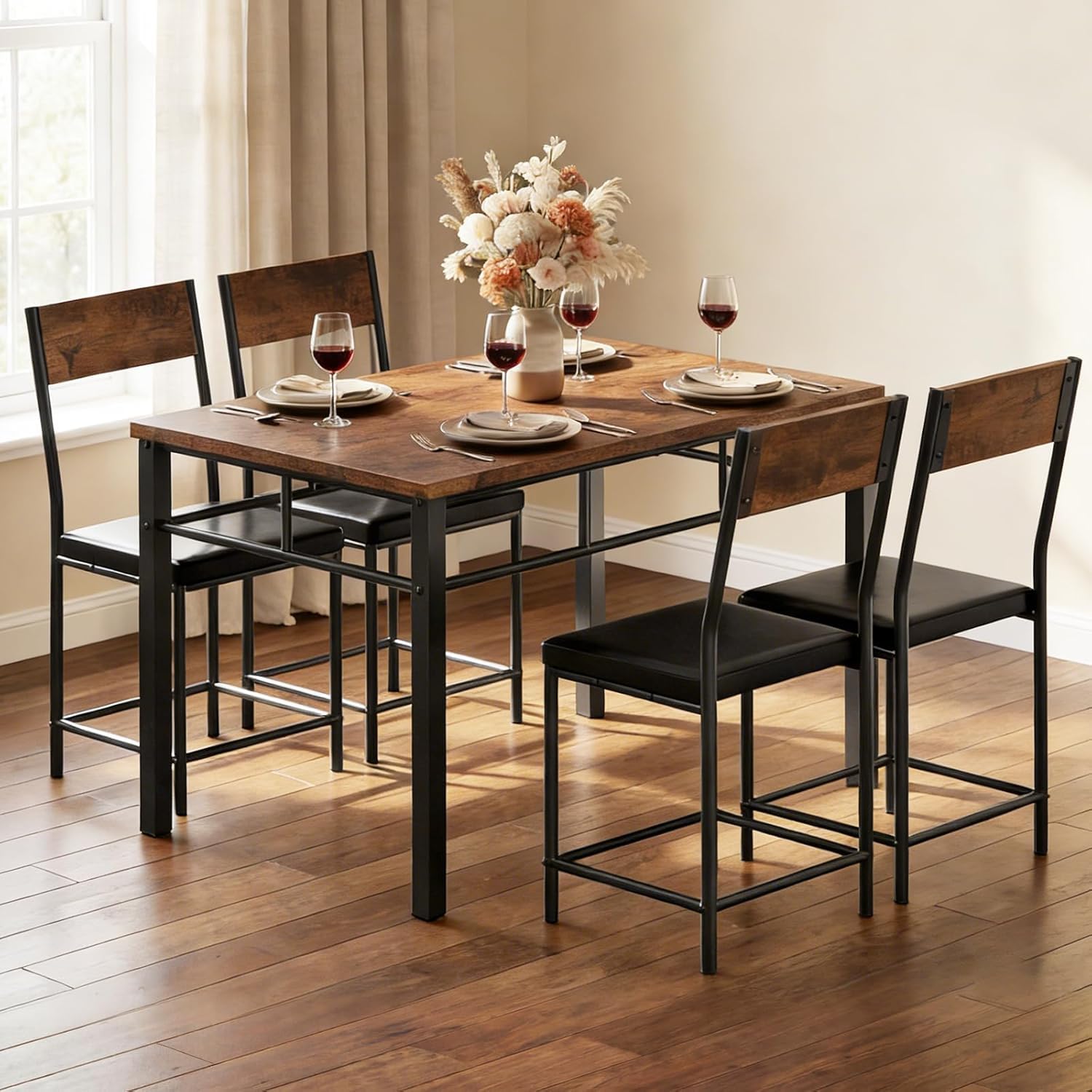 Viugex 5-Piece Dining Table Set for 4, Modern Wooden Kitchen Table with Upholstered Chairs, Space-Saving Rectangle Dining Room Table for Small Space, Dinette, Apartment, Easy to Assemble, Rustic Brown