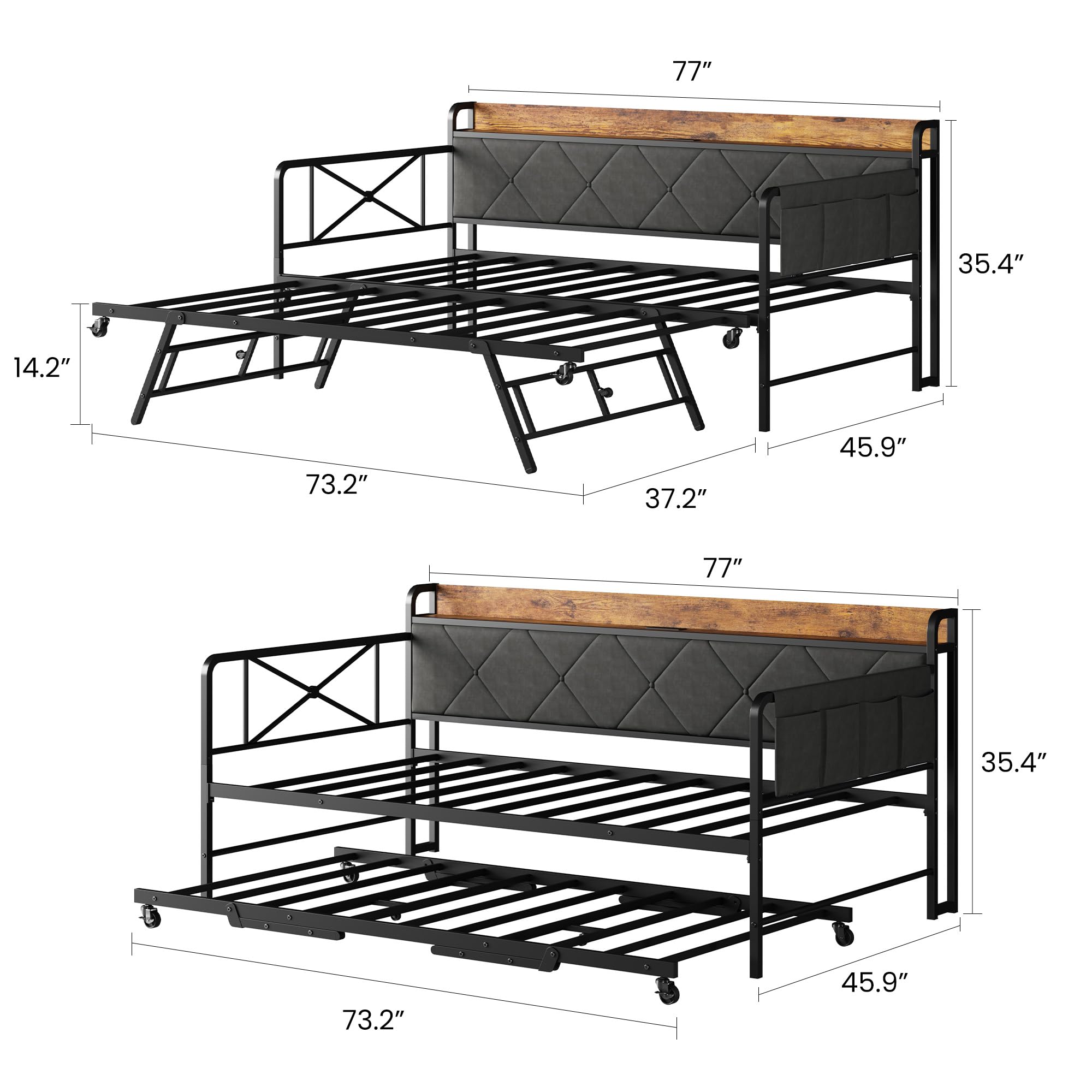 GarveeHome Daybed with Trundle and LED Light, Twin Size Bed Frame with Upholstered Headboard and Charging Station, Metal Frame Sofa Day Bed for Living Room, Bedroom and Guest Room, Black