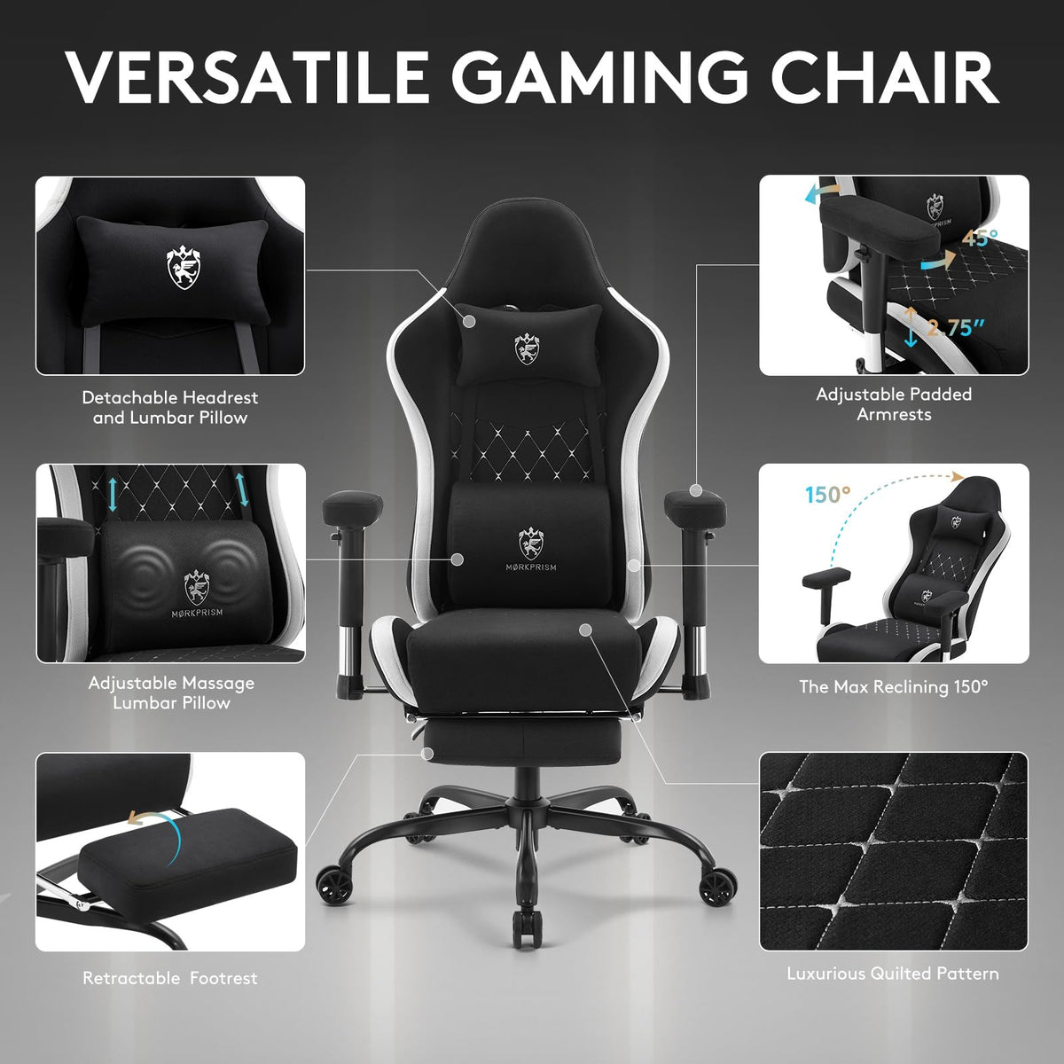 Morkprism Gaming Chair,Office Chair with Massage,Gel Pad,Black Grey