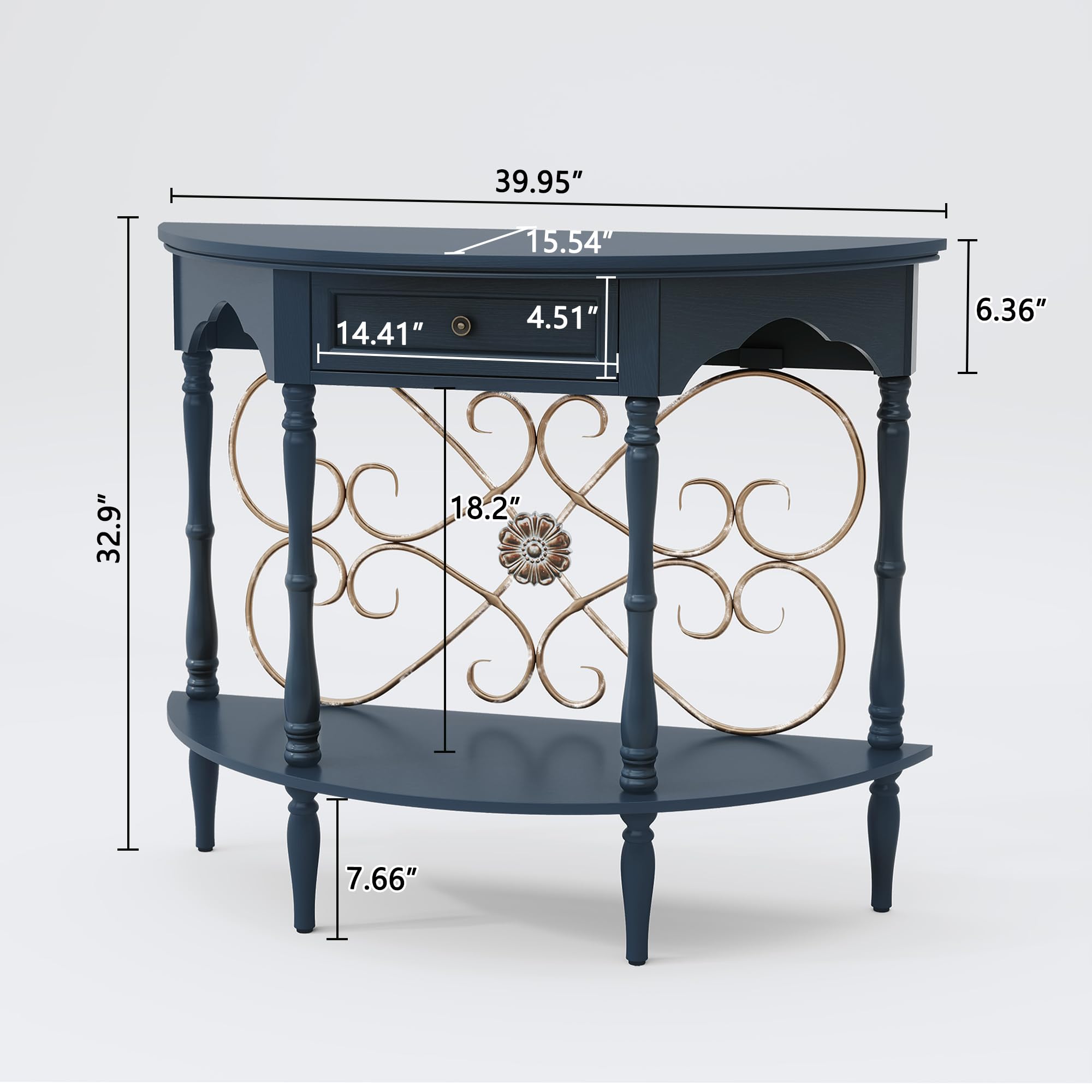 Half Moon Console Table with Drawer & Shelf
