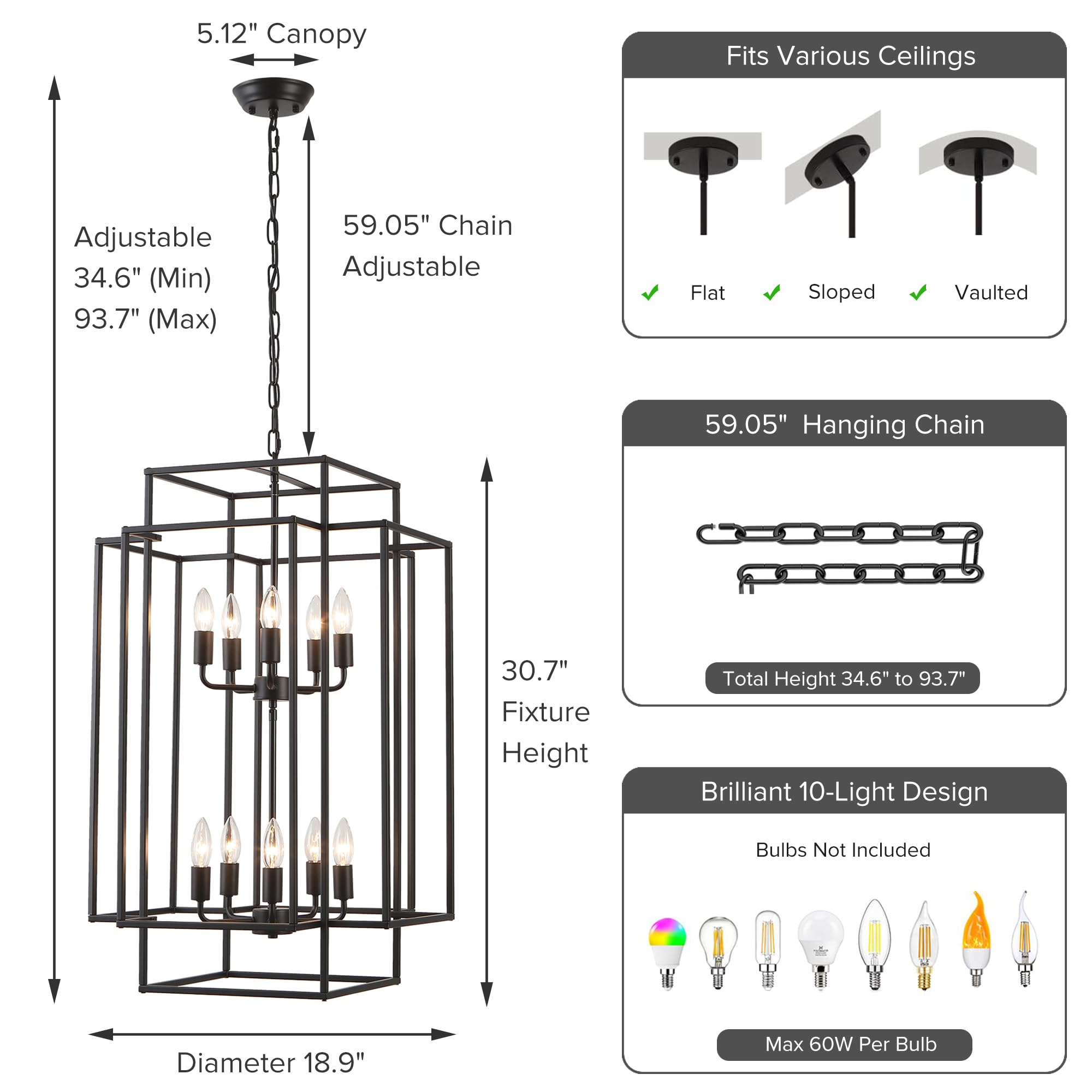 Xuridongsheng Large Lantern Chandelier for Entryway Foyer, 2-Tier Matte Black Cage Chandelier, 10-Light Hanging Light Fixture for High Ceiling Staircase Living Room