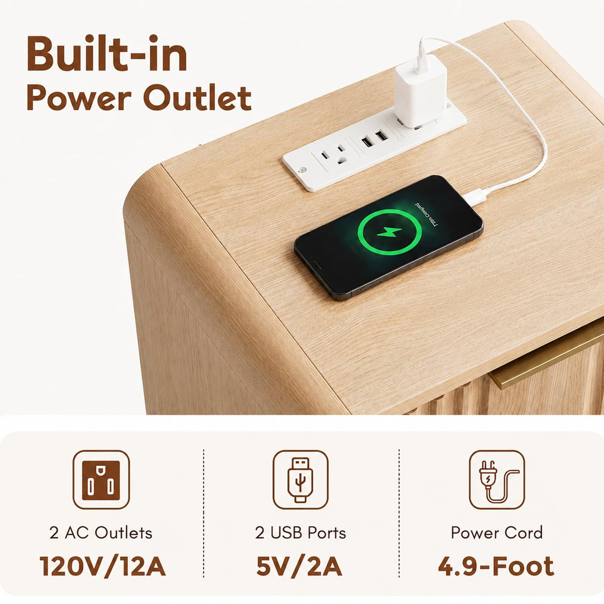 Fluted Nightstand with Charging Station