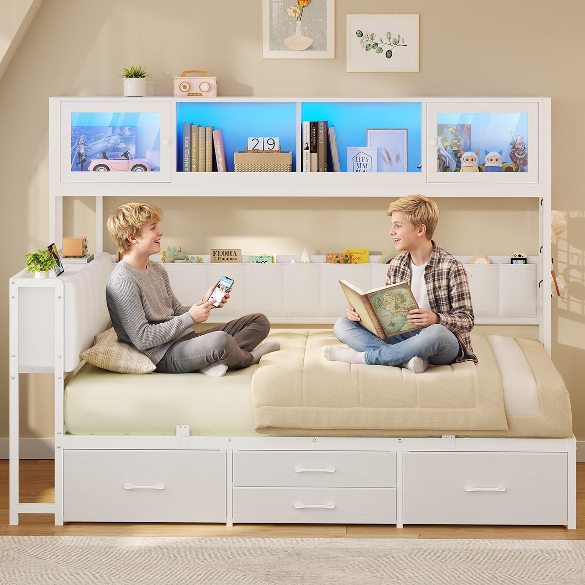 Twin Daybed with Storage Headboard & 4 Drawers, Hight Bookcase, White