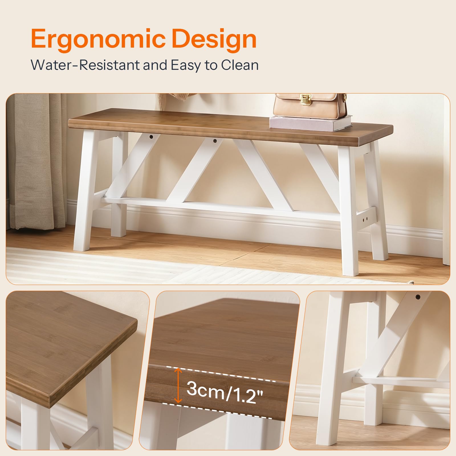 Bamboo Dining Bench 39.4" | Farmhouse Style | Walnut & White