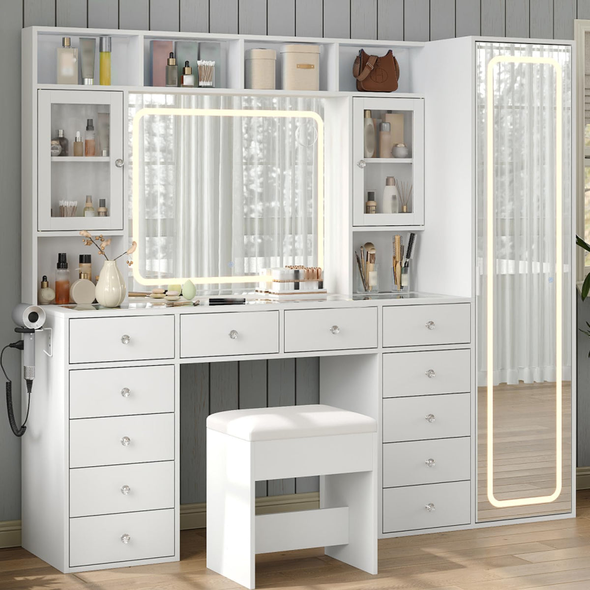 White LED Makeup Vanity with 12 Drawers