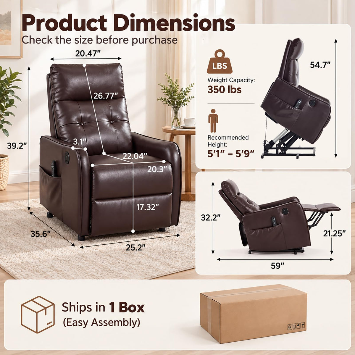 Aeluvia Petite Power Lift Recliner Chair for Seniors and Small Spaces