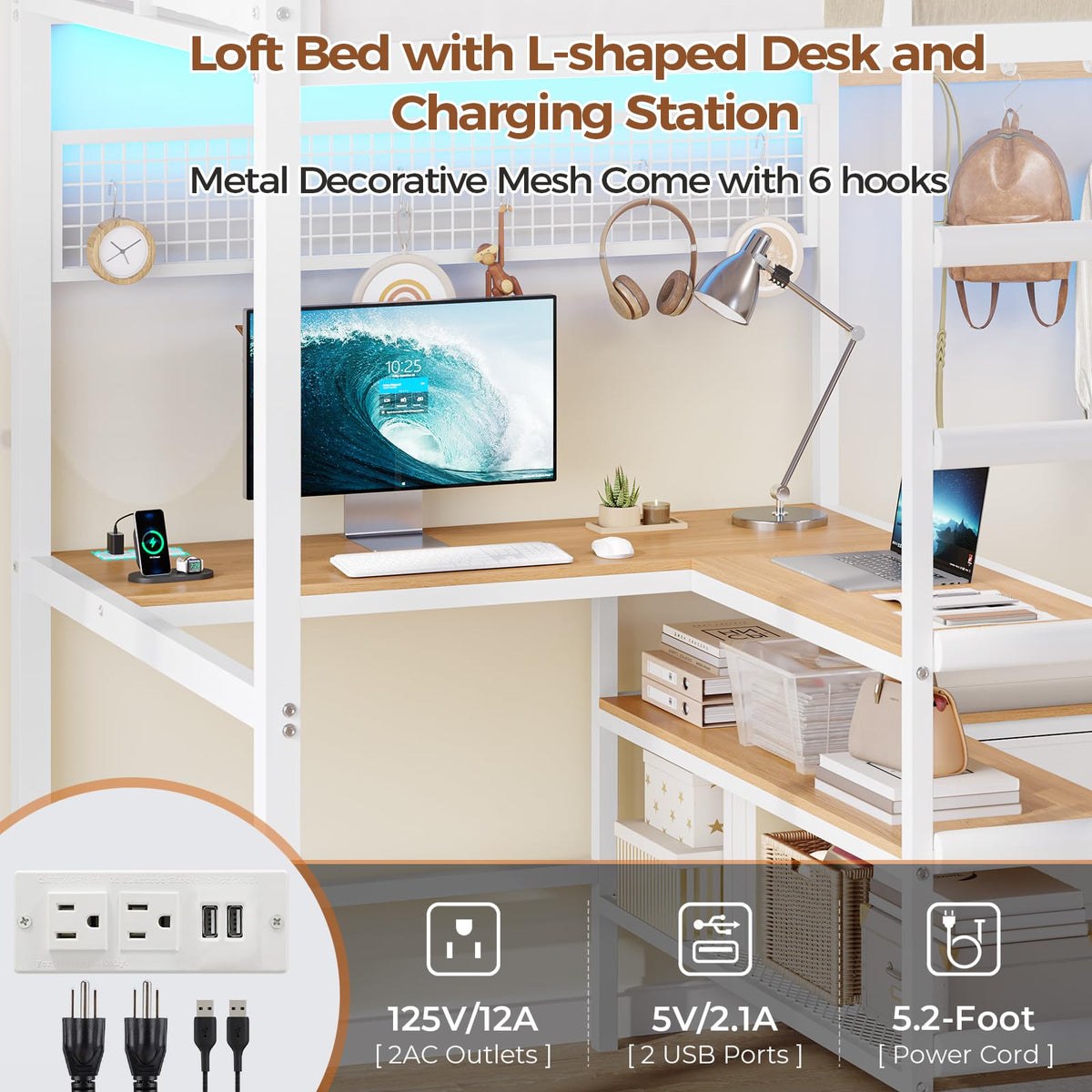 DICTAC Twin Loft Bed with L-Shaped Desk, Storage Shelves and Charging Station Twin Size Metal Loft Bed with LED Lights and Coat Rack with 2 Storage Drawers,Top Bunk with Safety Guard & Stair, White