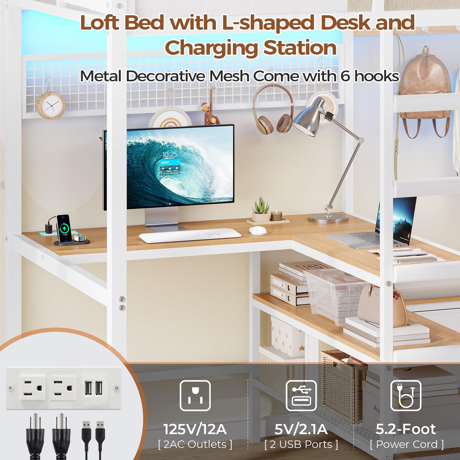 Twin Loft Bed with L-Shaped Desk & LED Lights