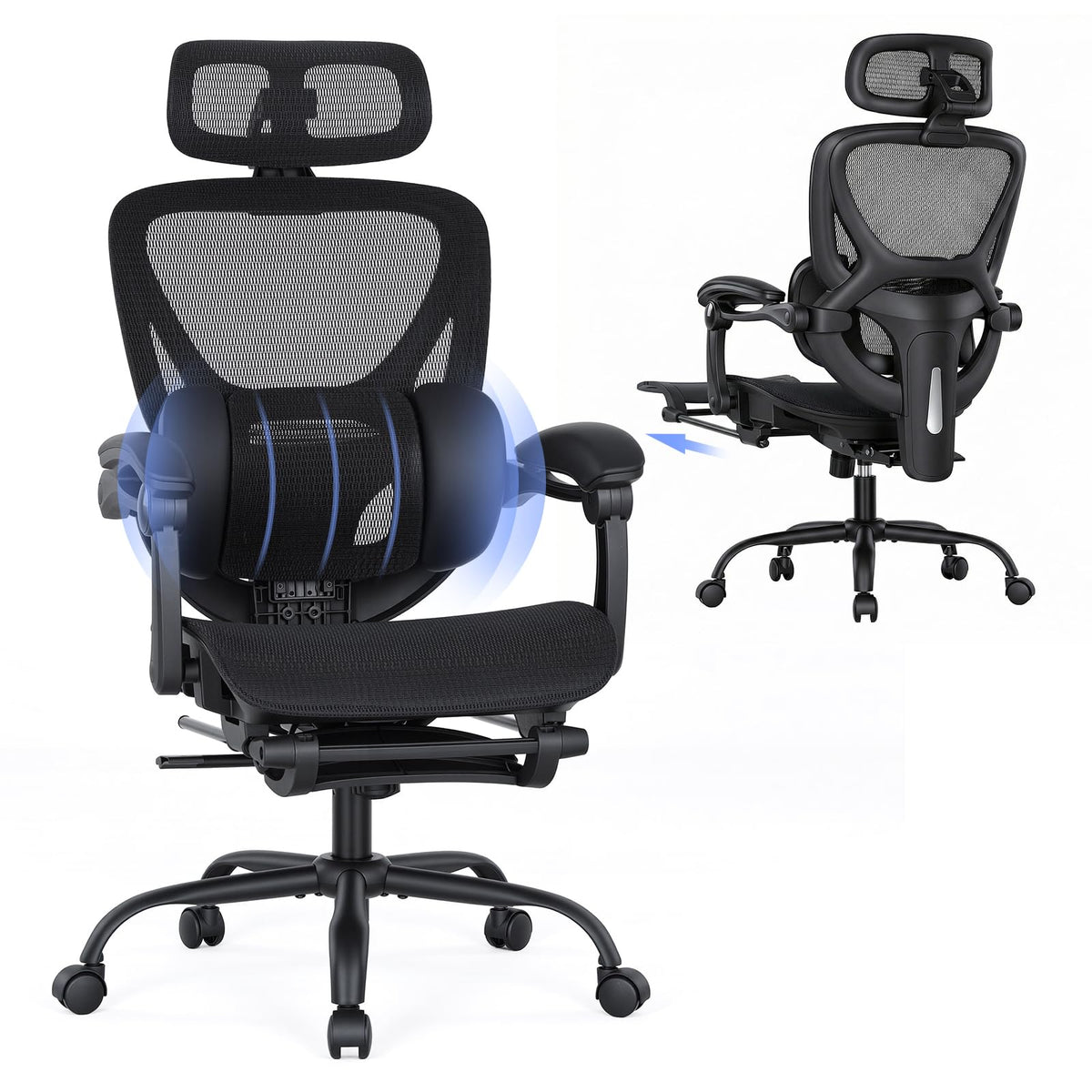 MALOL Ergonomic Mesh Office Chair with Footrest, Executive High Back Computer Desk Chair with 3D Adjustable Headrest & 5-Level Lumbar Support, Reclining Tilt Lock, 3D Arms, 300LBS Capacity, Black