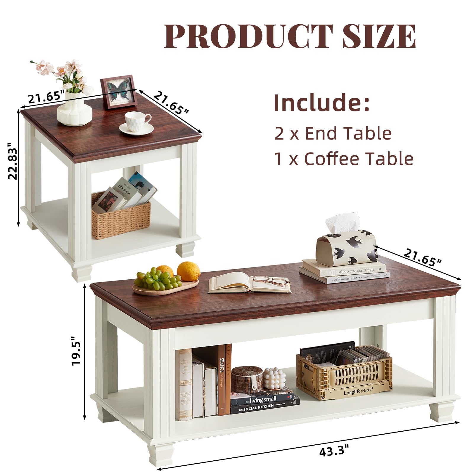 3-Piece Farmhouse Coffee & End Table Set with Open Shelf