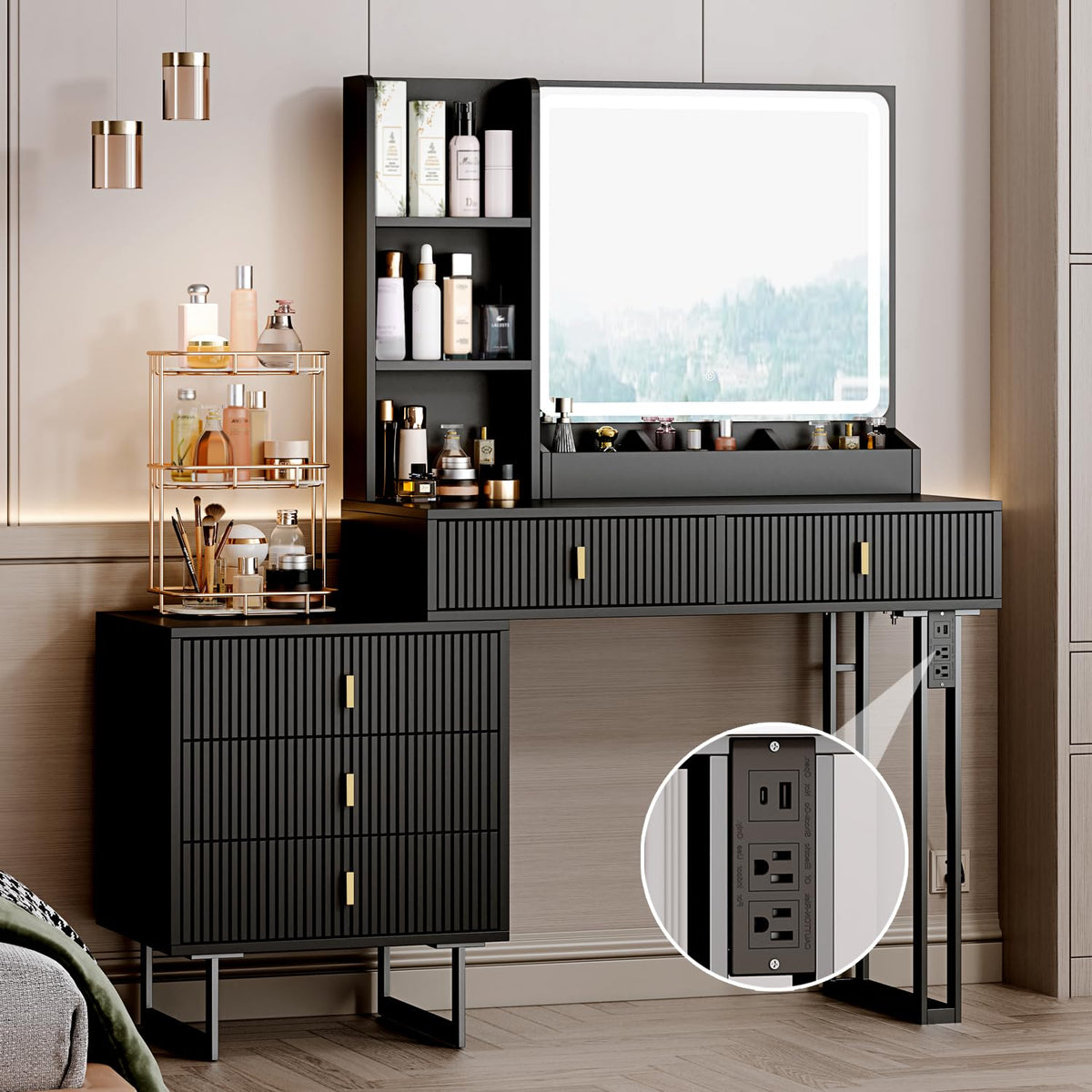 Large Vanity Desk with 3 Color Touch Screen Dimming Mirror, Vanity Desk with Charging Station, Modern Retractable Makeup Dressing Table, Makeup Table With storage shelves and 5 Sliding Drawers, Black