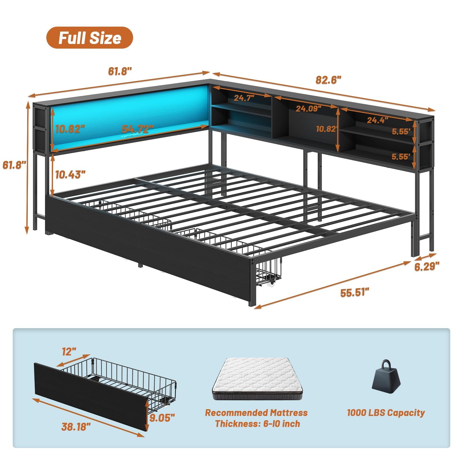 Full Size Corner Bed Frame with Storage, LED Lights & Charging Station