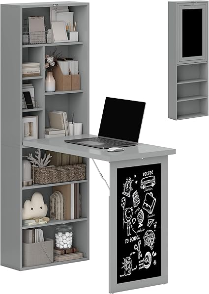 Wall-Mounted Fold-Out Desk with Chalkboard & Storage Shelves