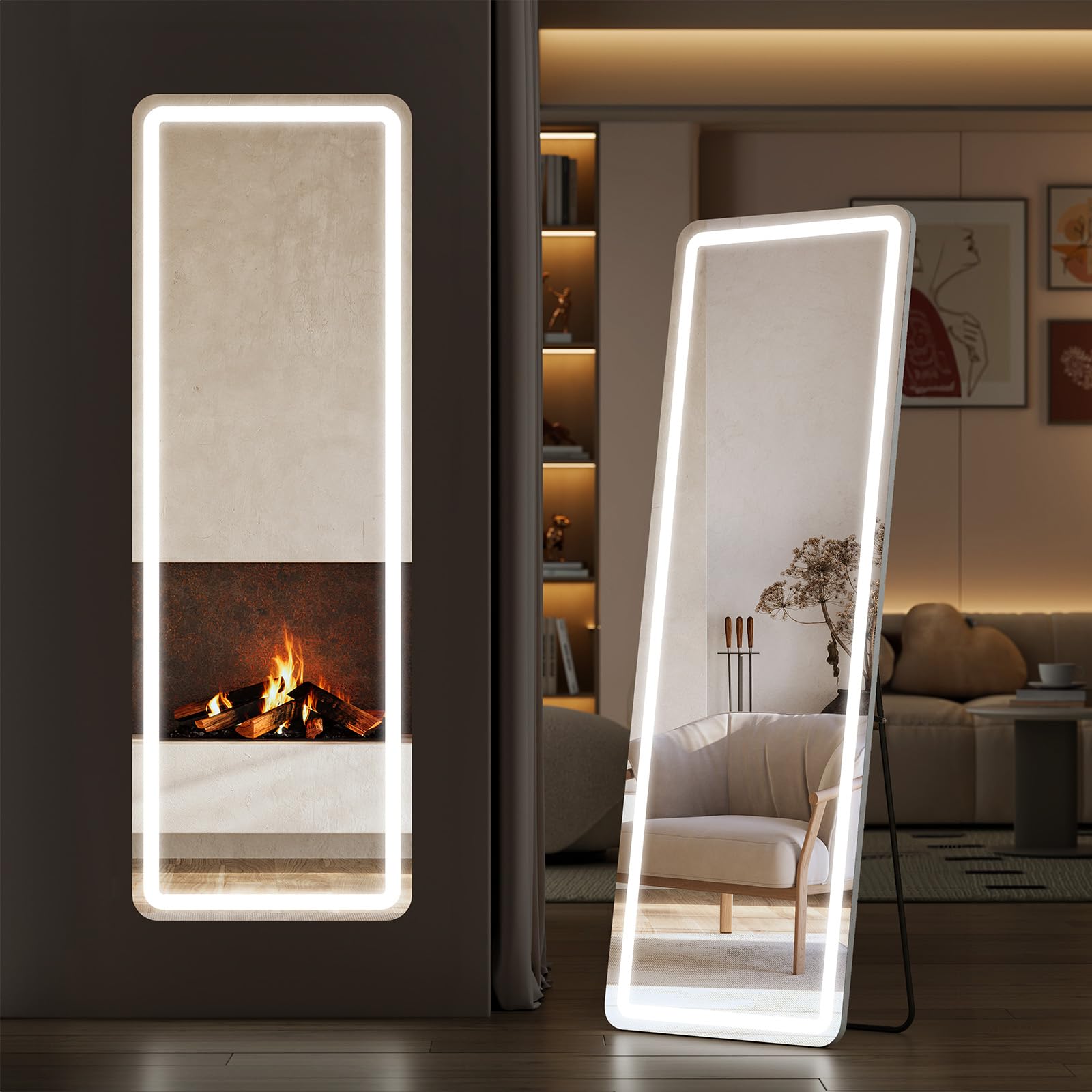 LED Full Length Floor Mirror with Dimming & 3-Color Lighting
