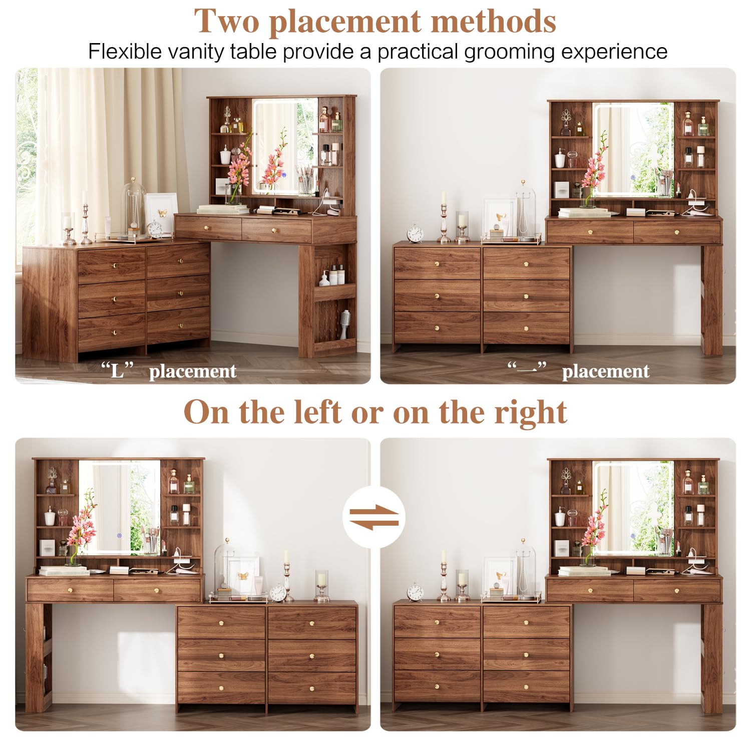 Ieejdn Makeup Vanity Desk with Mirror and Lights, Vanity Desk with 8 Drawers & Storage Shelves, Vanity Table with Power Outlet, 3 Color Modes & Adjustable Brightness Dressing Table, Bedroom,Brown
