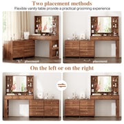 Ieejdn Makeup Vanity Desk with Mirror and Lights, Vanity Desk with 8 Drawers & Storage Shelves, Vanity Table with Power Outlet, 3 Color Modes & Adjustable Brightness Dressing Table, Bedroom,Brown