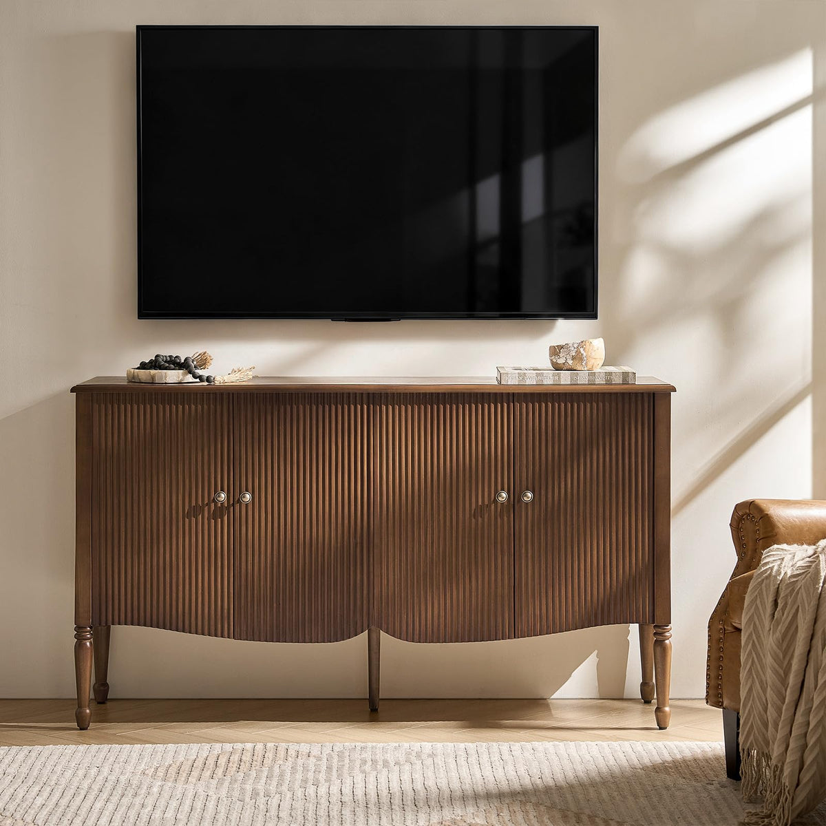 HULALA HOME 58" Fluted Sideboard Buffet Cabinet with Storage, Walnut