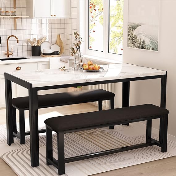 Farmhouse Dining Table Set with 2 Benches