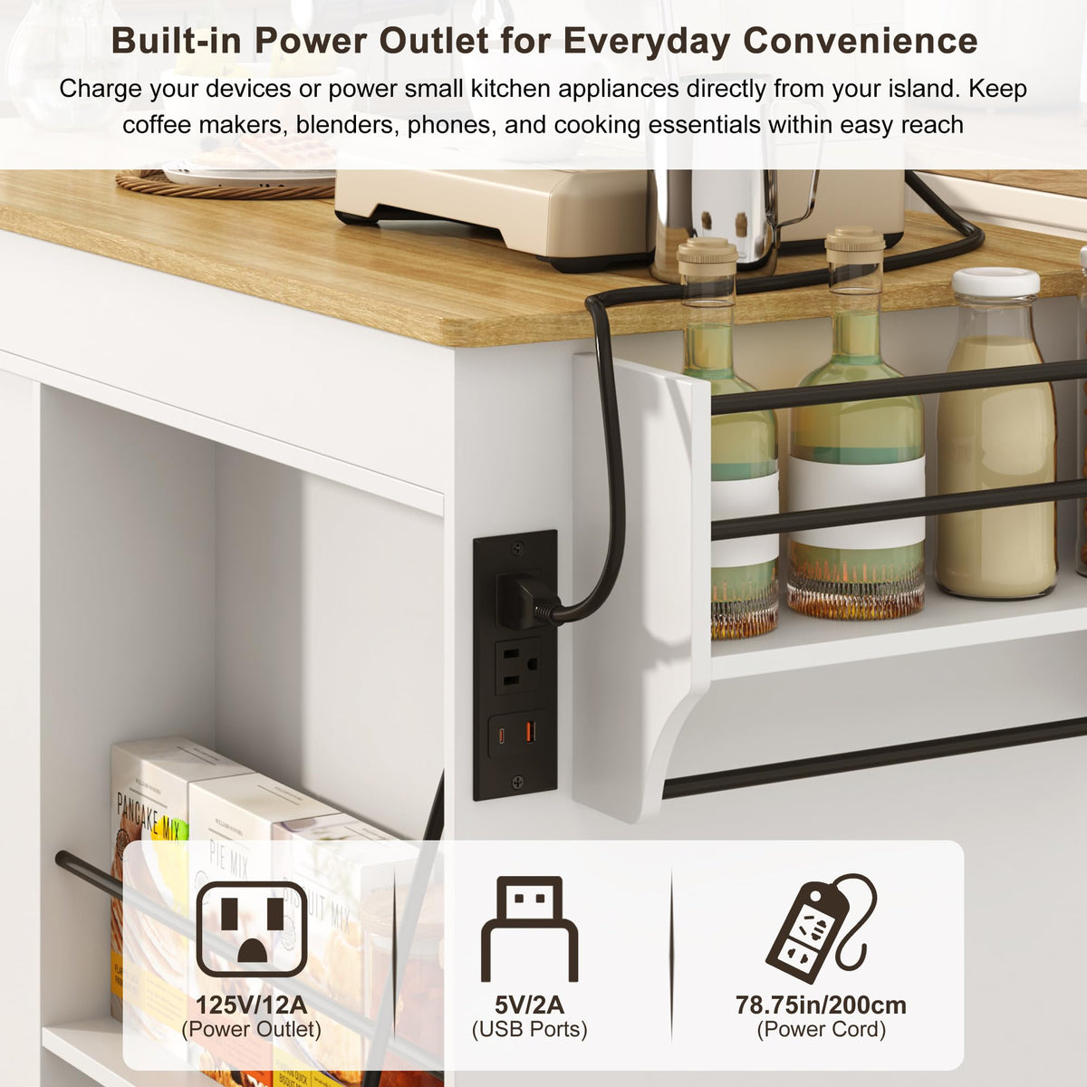 81.6"-51" Extendable Rolling Kitchen Island with Extended Dining Table & Power Outlet, Mobile Kitchen Storage Islands with Trash Cabinet, Large Islands Cart with Storage and 2 Seatings, White
