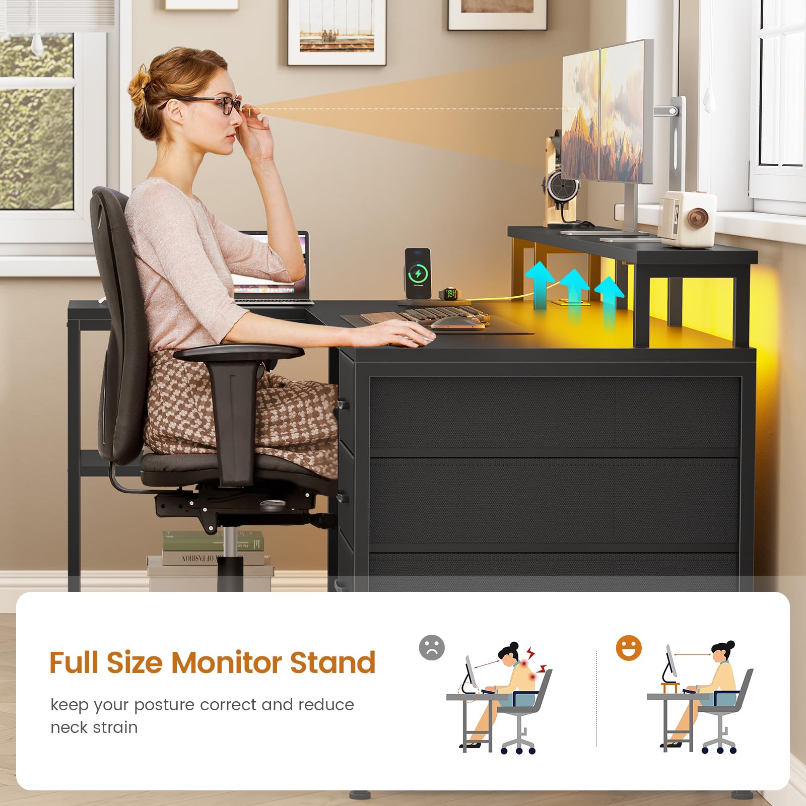 L-Shaped Desk with 4 Drawers, LED Lights & Power Outlet, 47 Inch