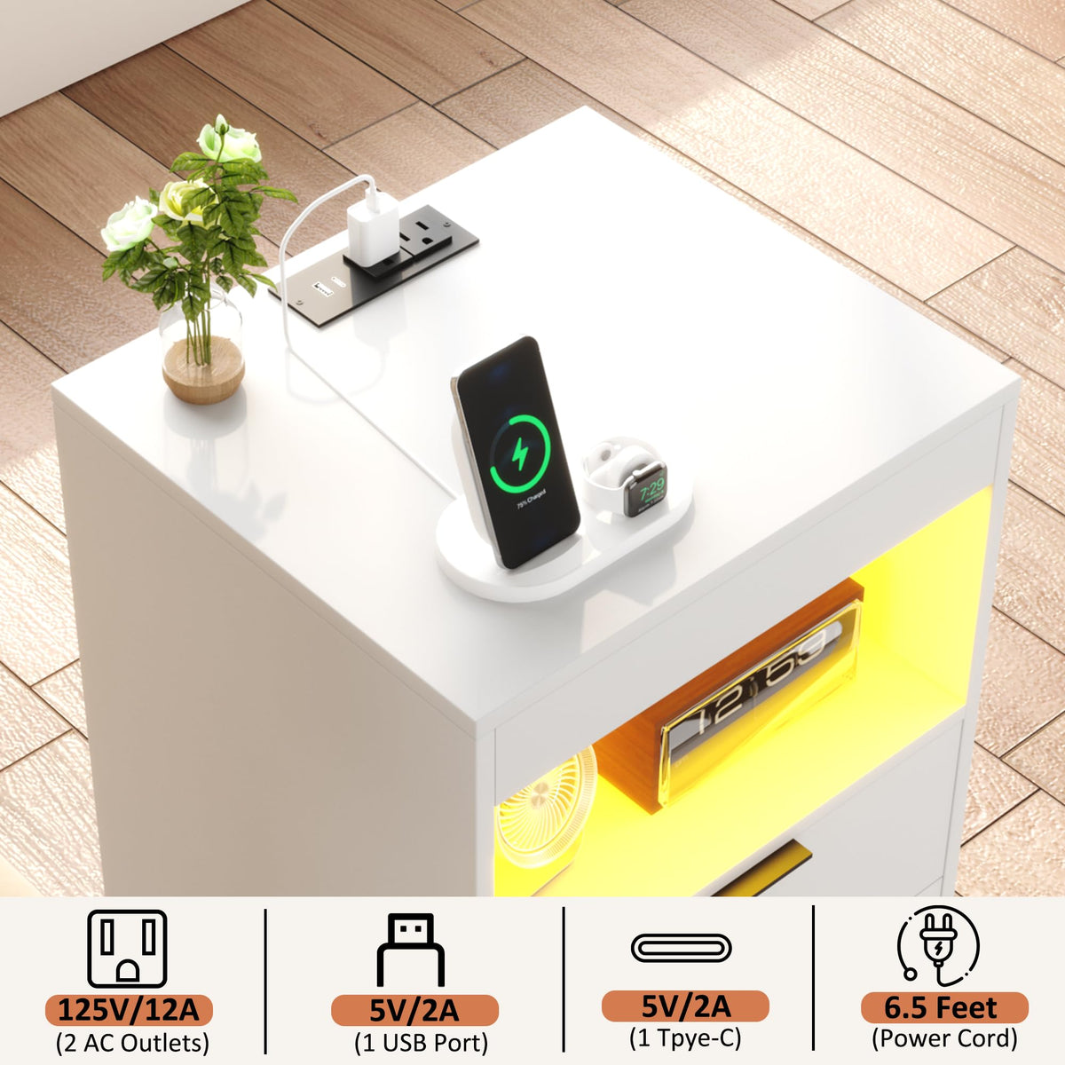 LED Nightstand with Charging Station