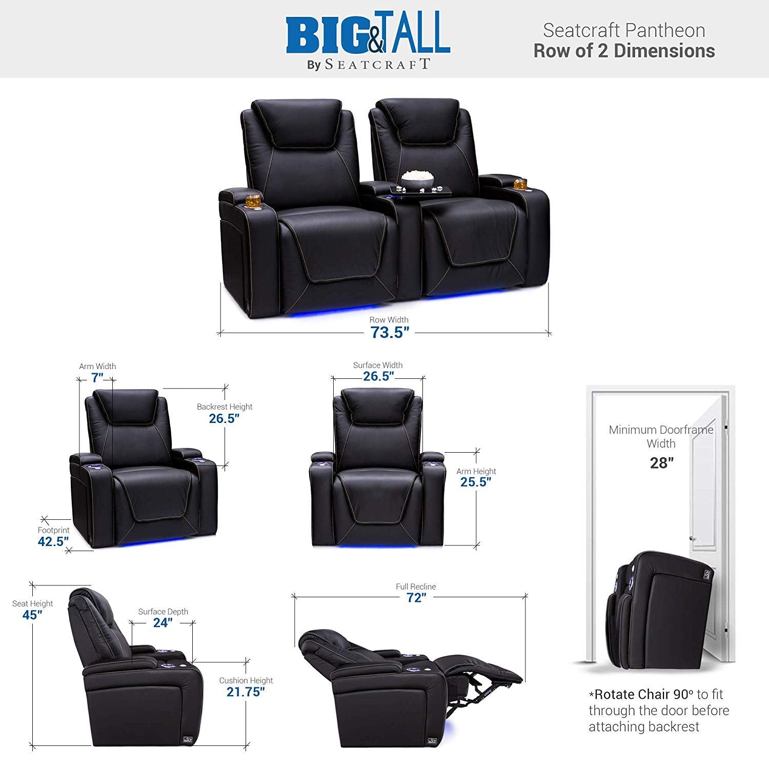 Seatcraft Pantheon - Big & Tall - Home Theater Seating - Living Room - 400 lbs Capacity - Italian Leather - Power Recline - Powered Headrest and Lumbar - Cupholders - Arm Storage, Row of 2, Black