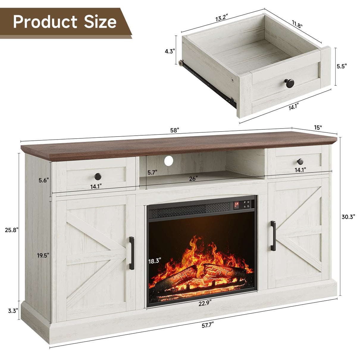 ONBRILL Farmhouse Fireplace TV Stand, TV Table with 23" Electric Fireplace