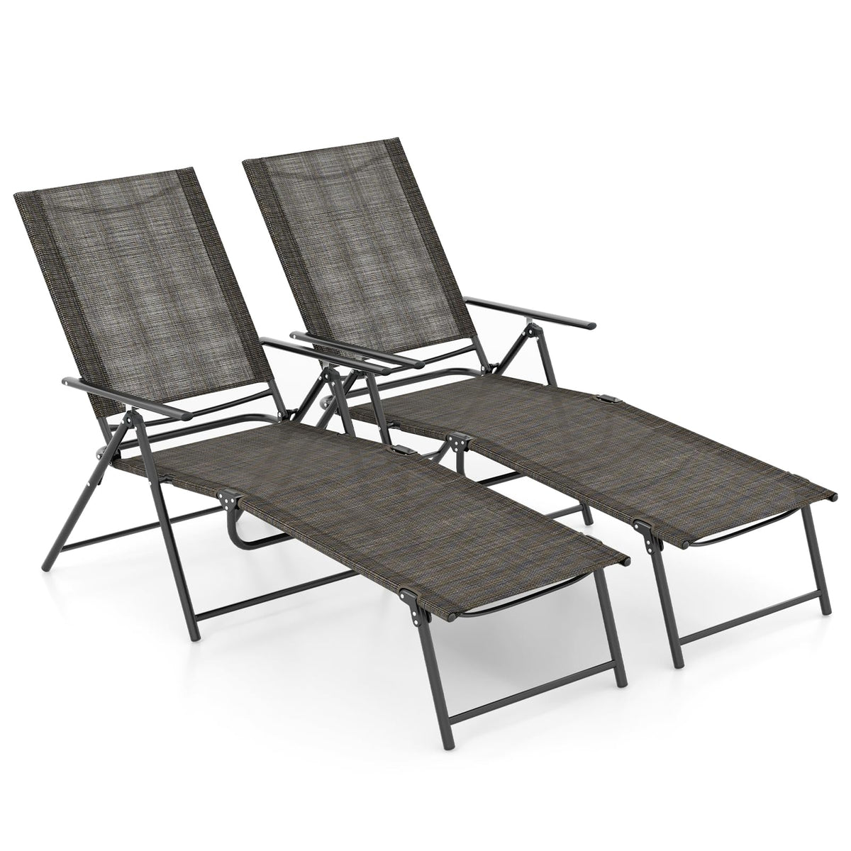 Tangkula Outdoor Lounge Chairs Set of 2, Patio Folding Chaise Recliner with 6-Level Backrest, Breathable Seat Fabric & Solid Metal Frame, Adjustable Reclining Chairs for Poolside, Backyard (Brown)