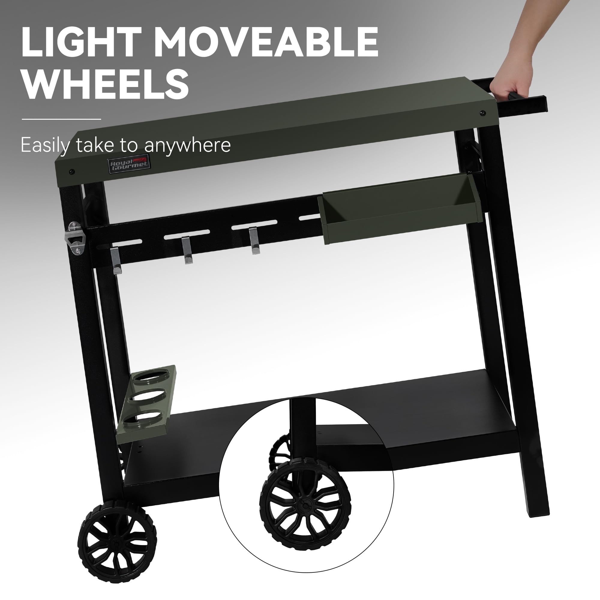 Grills House PC3406G Indoor/Outdoor Double-Tier Dining Cart, Sturdy Structure and Open Storage Shelf, Front Basket, Easily Mobility with 2 Wheels and Multifunctional Side Handle, Olive-Green