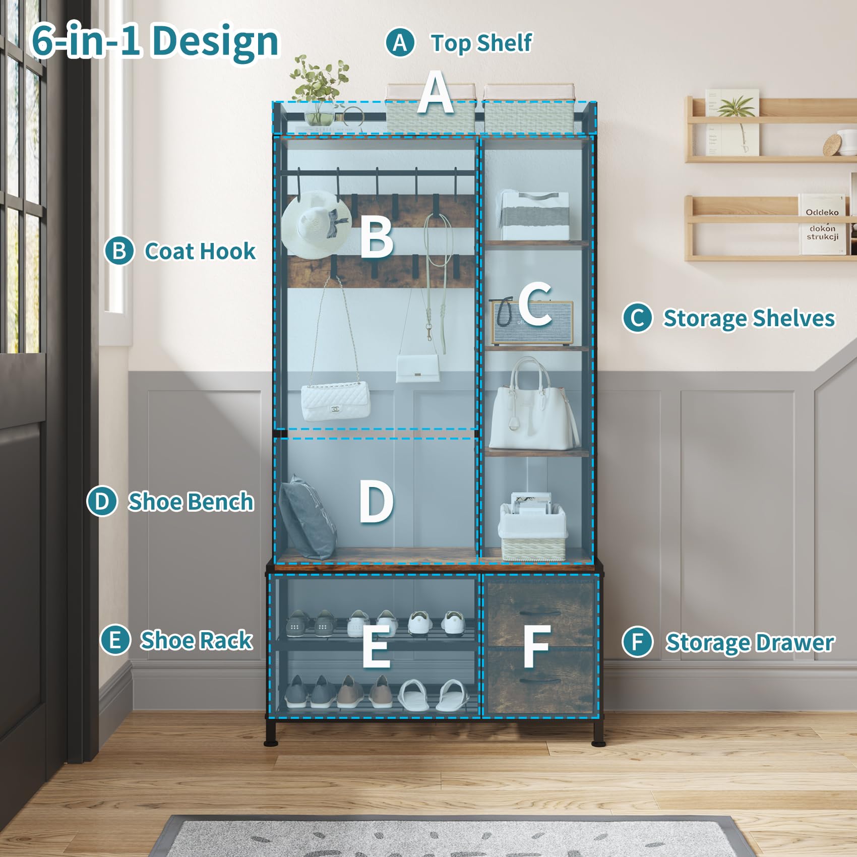 6-in-1 Hall Tree with Bench, Drawers & Shelves