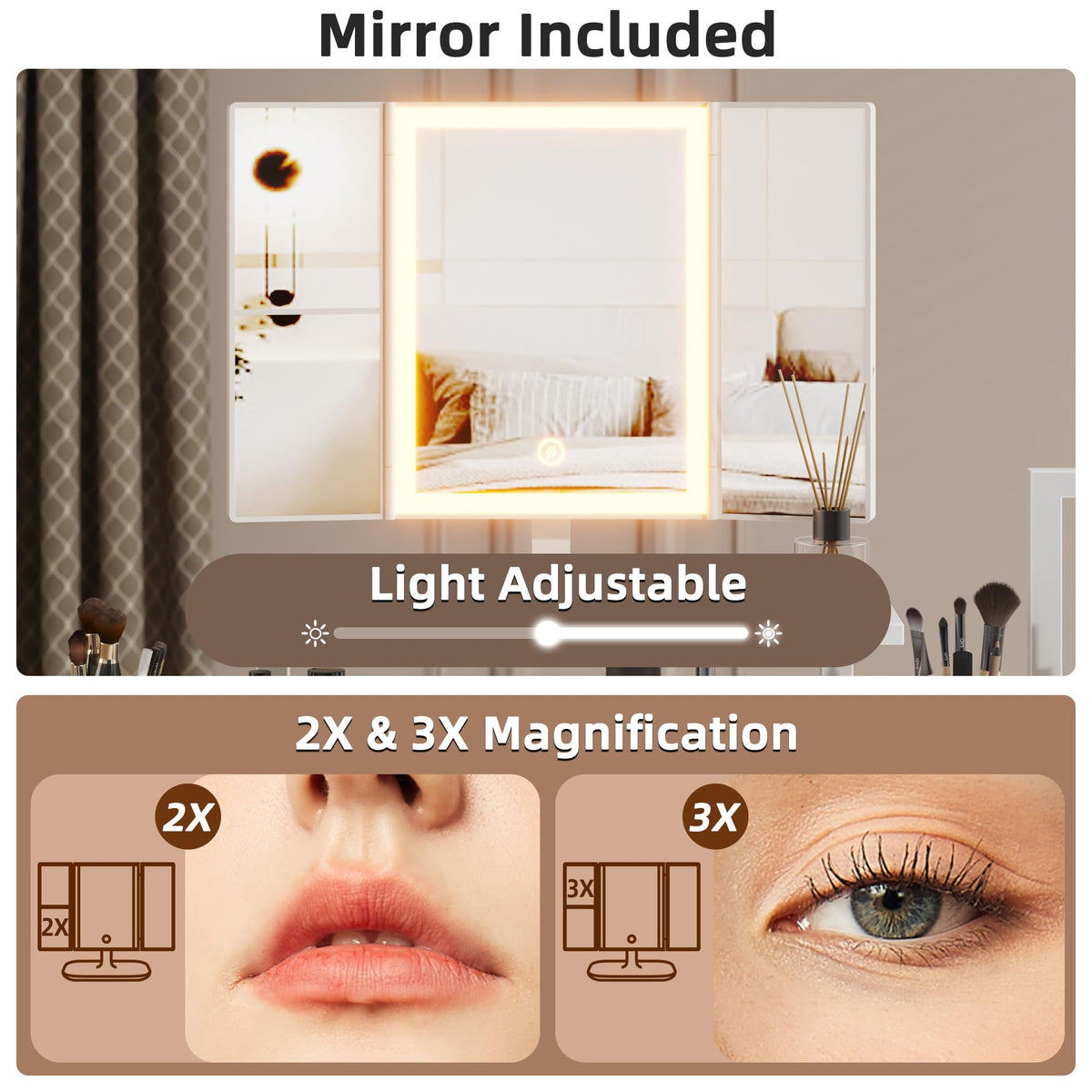 HIGDBFE Makeup Vanity Desk 33.5''W with Mirror and Lights, White