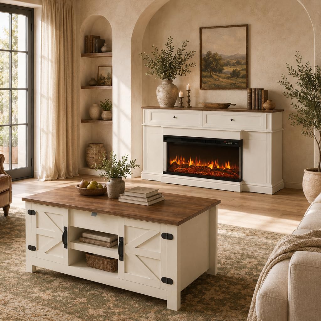 Farmhouse Fireplace TV Stand & Coffee Table Set