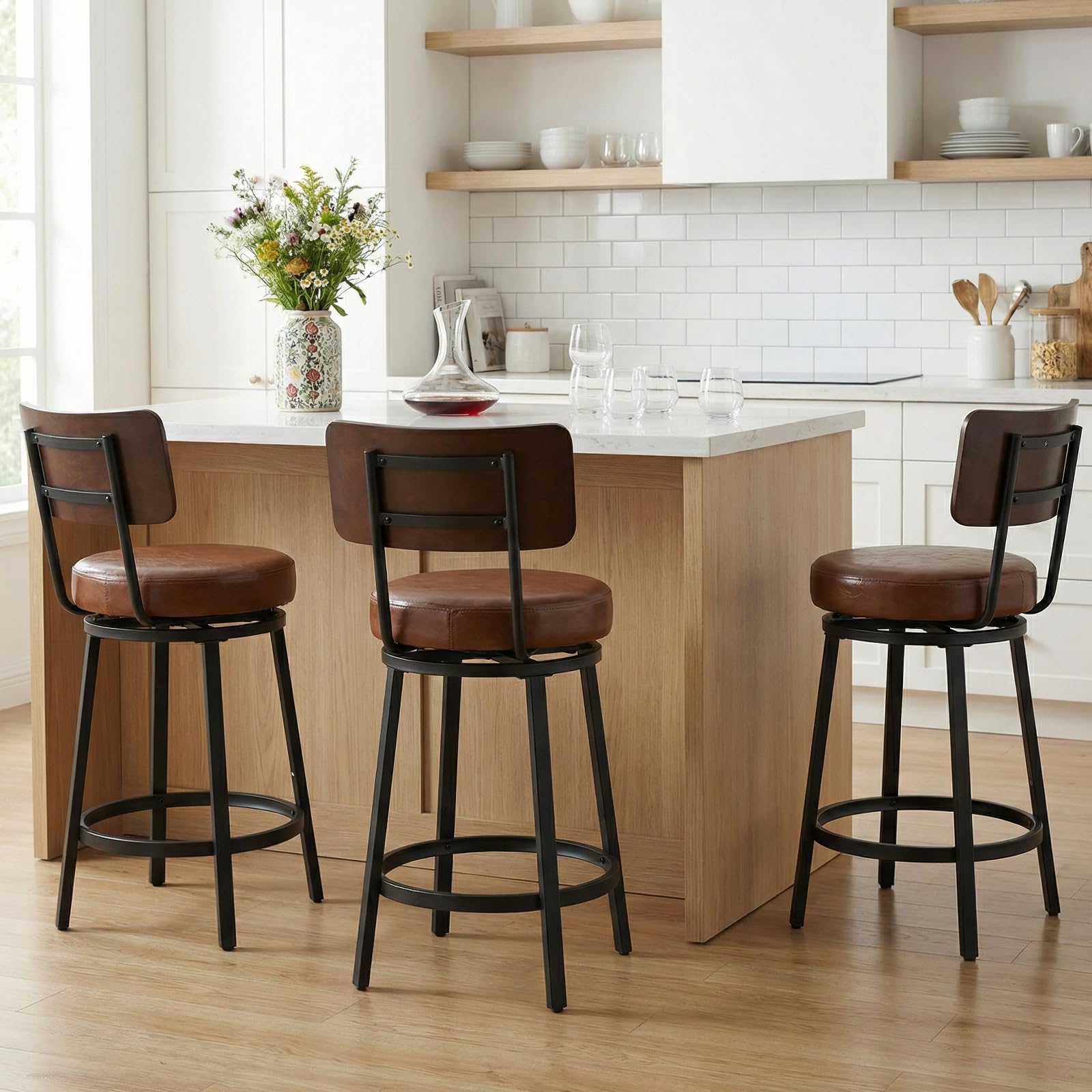 Swivel Bar Stools Set of 2 with Wood Backrest & Metal Legs