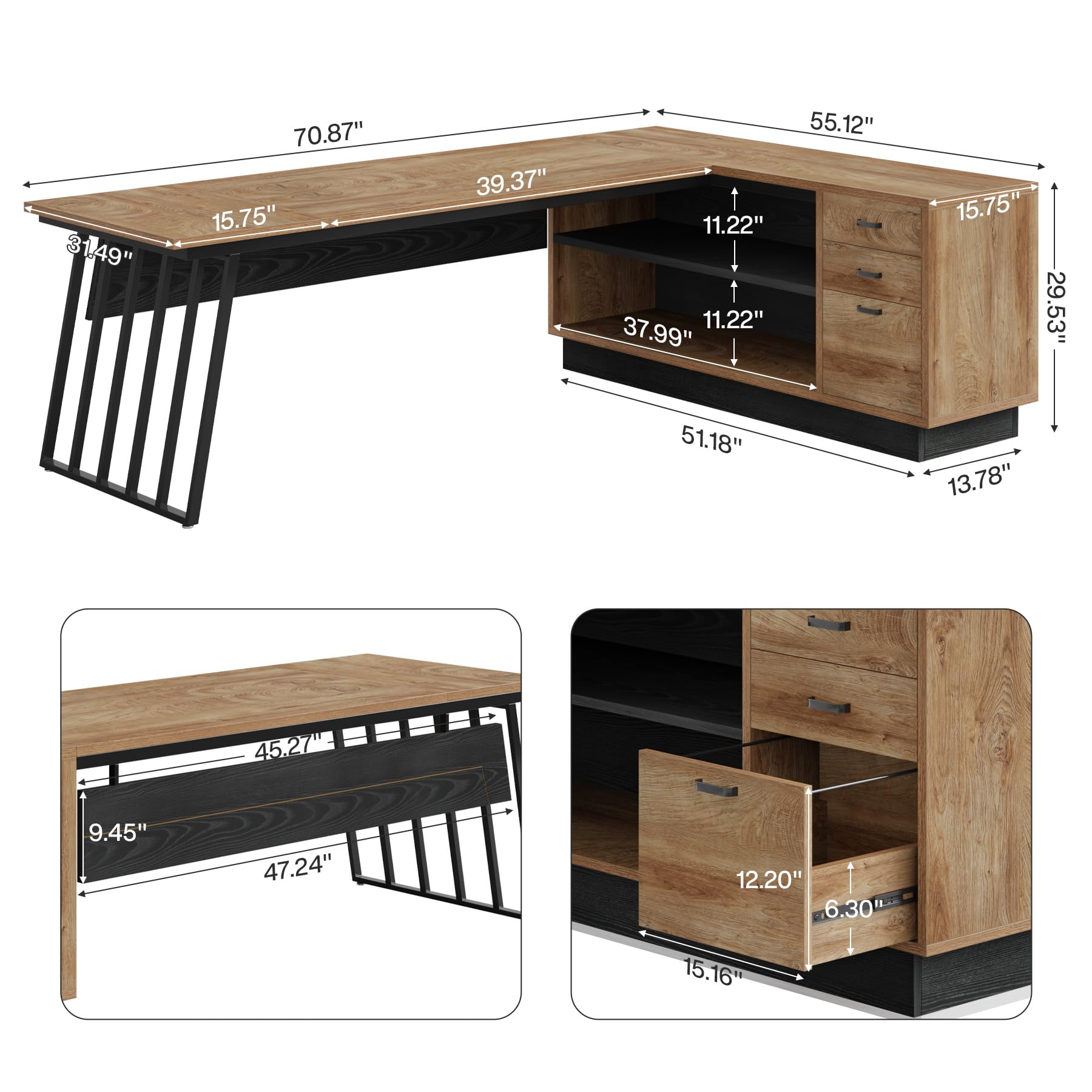 L-Shaped Executive Desk with Cabinet & Drawers