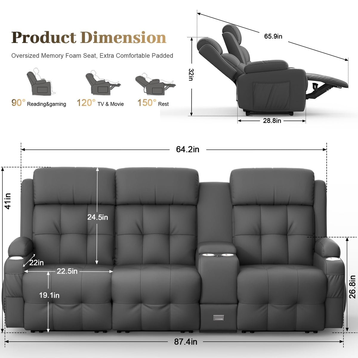 Reclining Loveseat Sofa, RV Loveseat Recliner Wall Hugger Couch, Home Theater Seating, Massage Loveseat with Console, USB & Type-C Ports, Storage Armrests for Living Room, Camper, Game Room, Man Cave