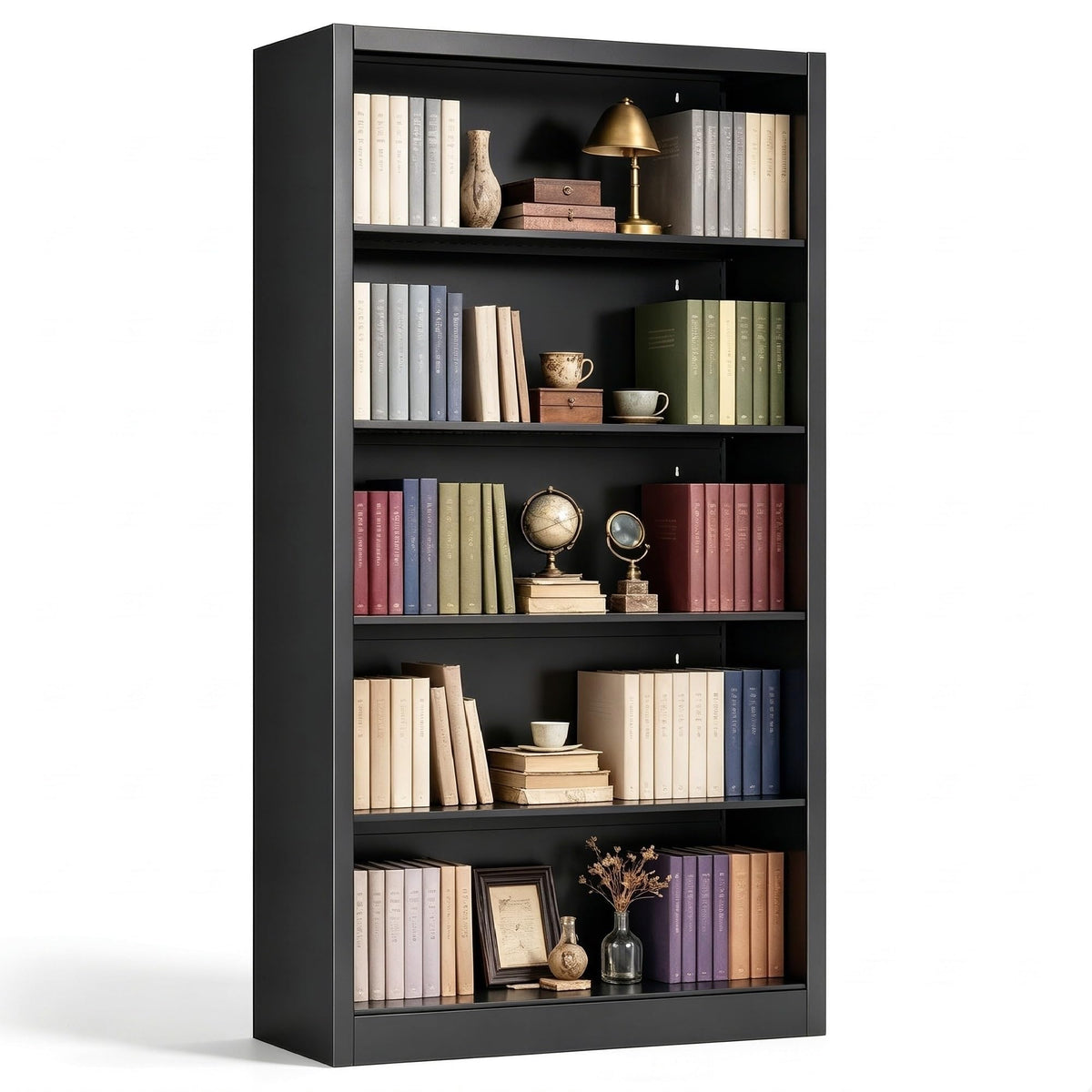 VASAAOSD 66" Tall Metal Bookcase, 5 Shelf Black Bookcase with Adjustable Shelves, Large Bookshelves and Bookcases, Modern Book Shelf Storage Organizer for Living Room, Home Office, Library (Black)