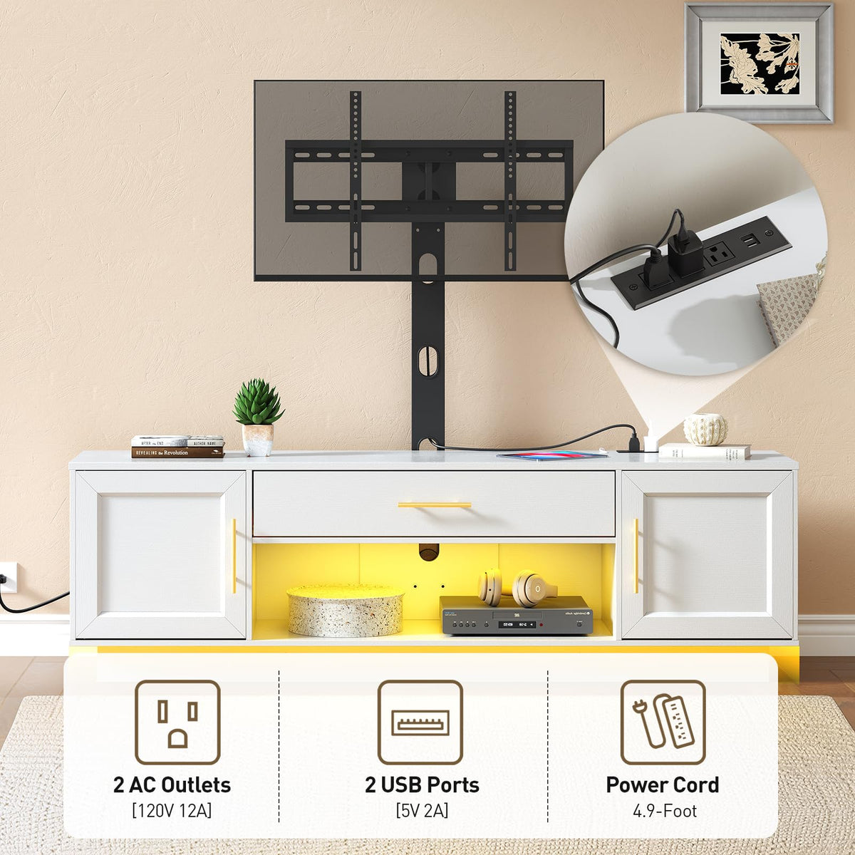 RALGEND 59" Modern TV Stand with Mount and Power Outlet, Swivel TV Stand for 32/55/65/75 inch TVs, Height Adjustable LED Entertainment Center, Media TV Console Table for Living Room, Bedroom, White