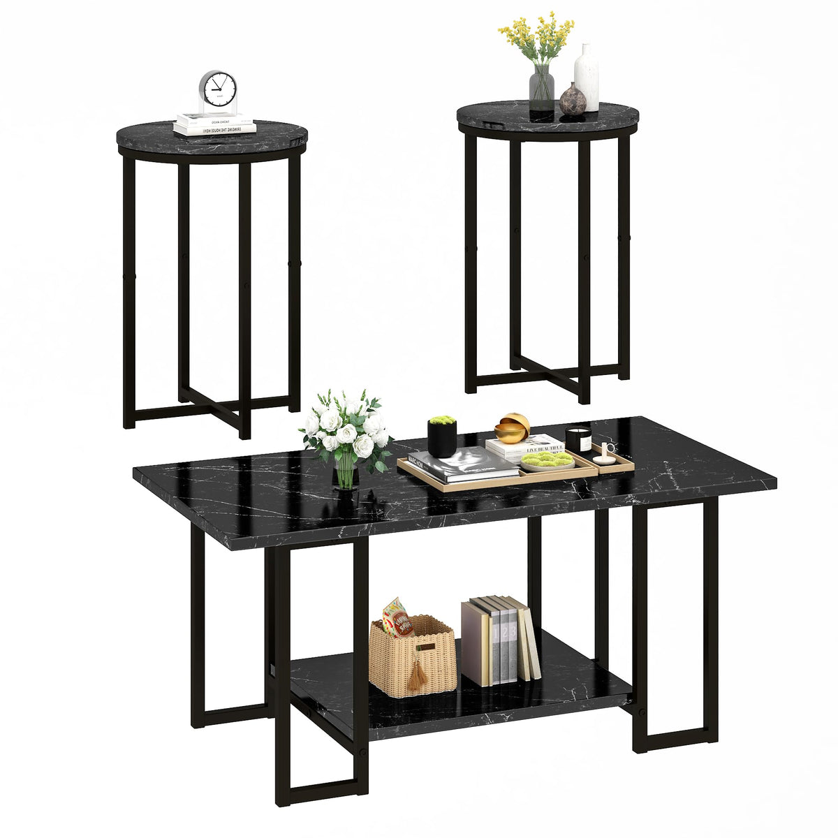 AWQM Coffee Table Set of 3, Faux Marble Living Room Table Set, Black