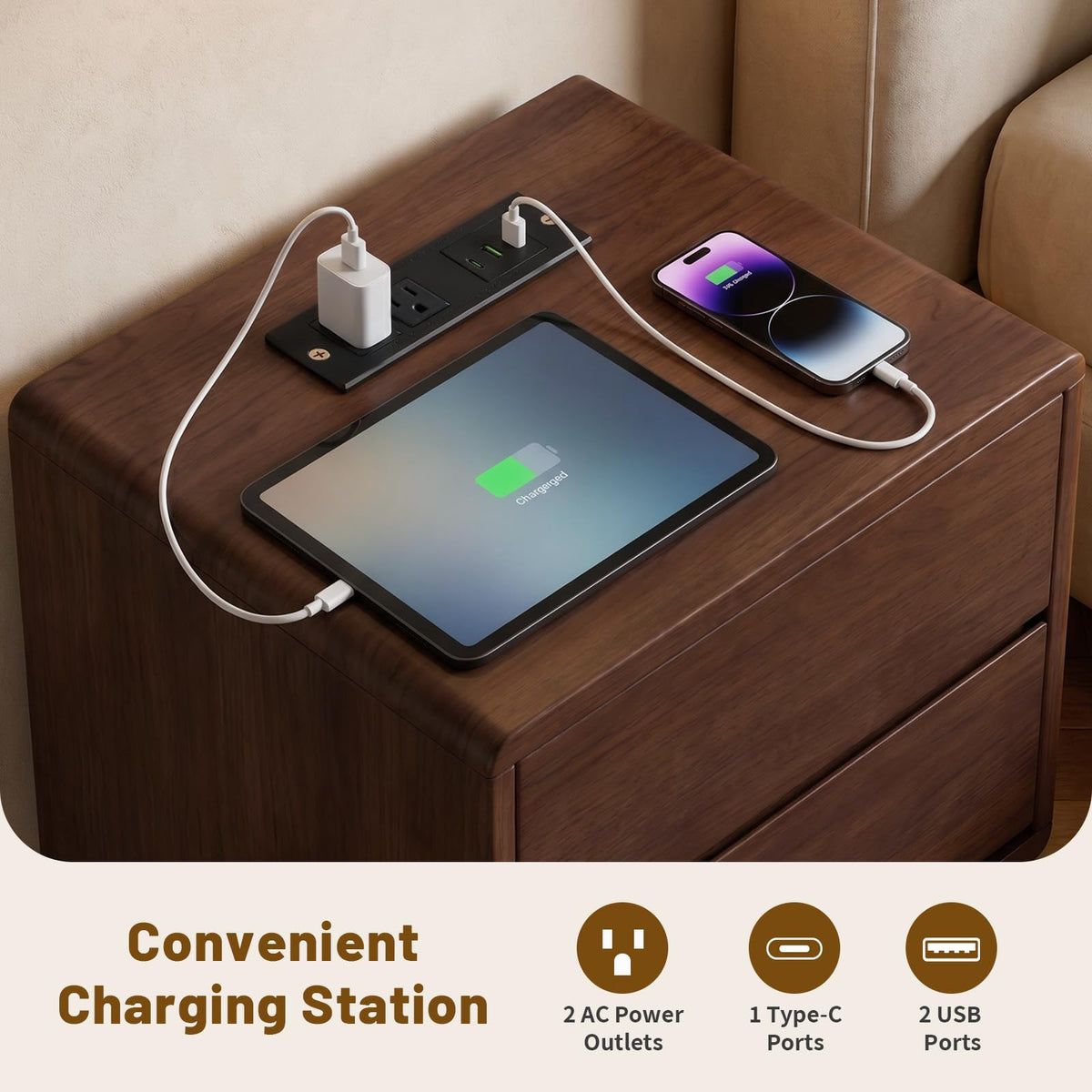 Solid Wood Nightstand with Charging Station,USB-C Port, 15.7 inch Wide End Table with 2 Drawers, Modern Wood Bedside Table for Bedroom(Walnut)