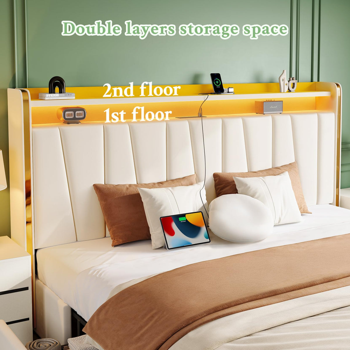 King Upholstered Storage Bed with LED Headboard