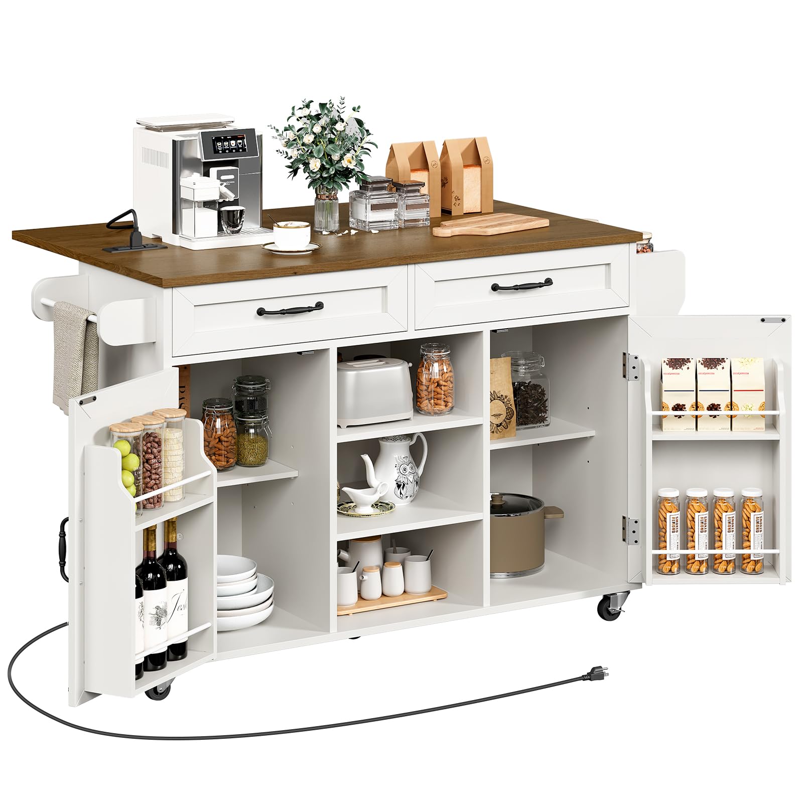 Kitchen Island Cart with Drop Leaf, Power Outlet & Storage