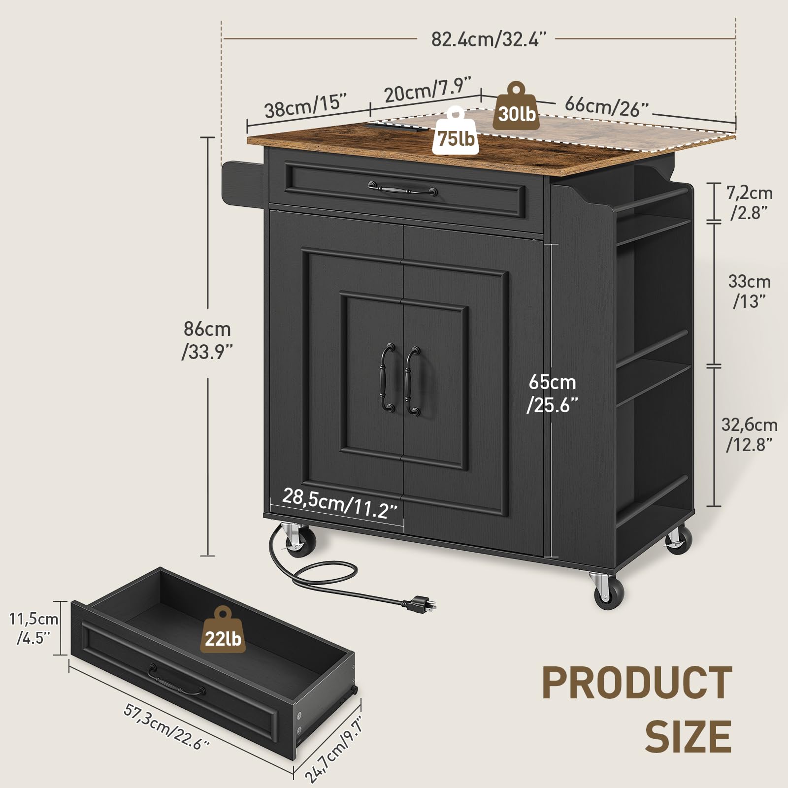Kitchen Island with Power Outlets & Drop Leaf